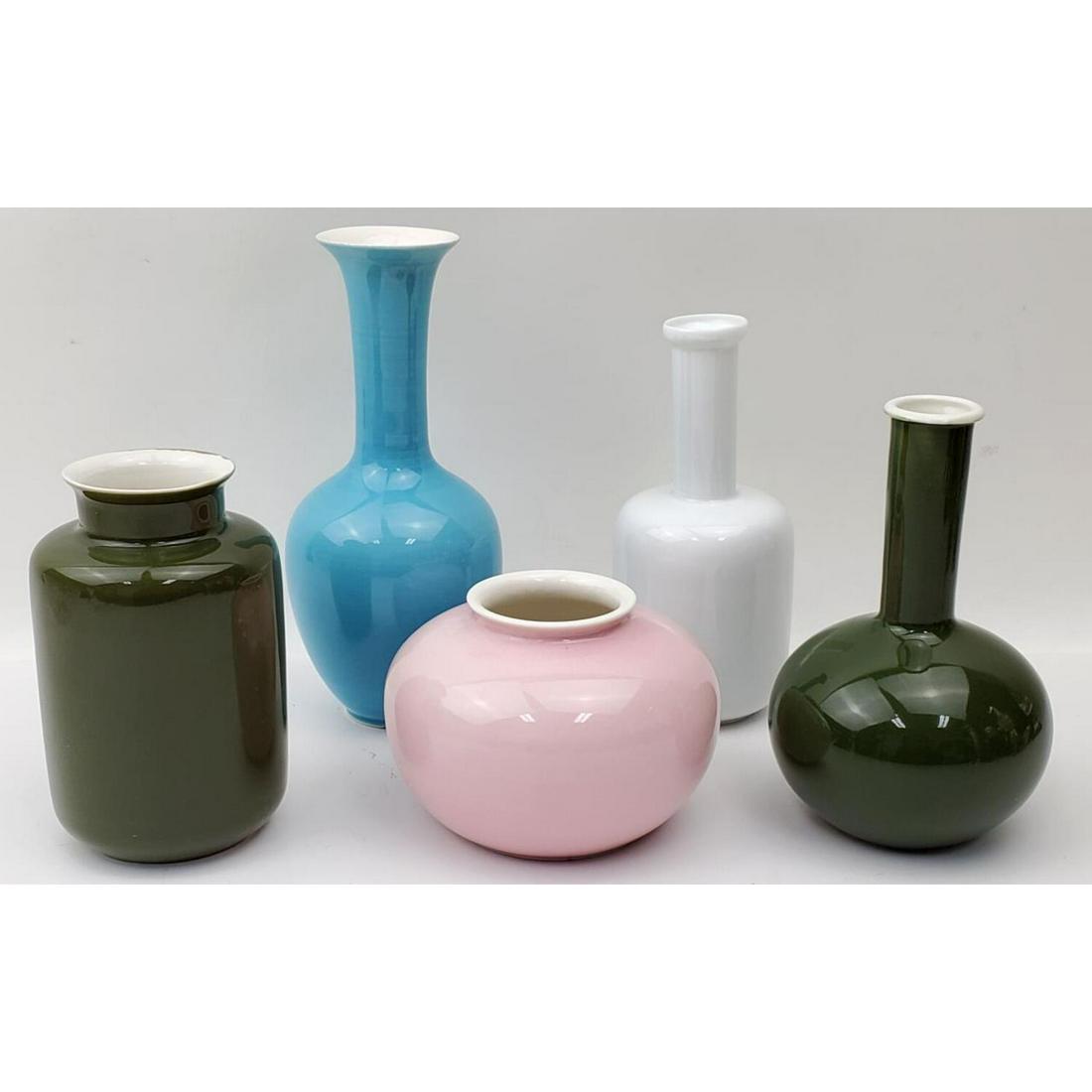 Lot of 5 Chinese Signed Porcelain Vases: Lot of 5 Chinese Signed Porcelain Vases in Various Colors. Condition: Excellent. Dimensions: Tallest- 6.25". Provenance: From a Long Island, NY Home. Please note the absence of a condition report does