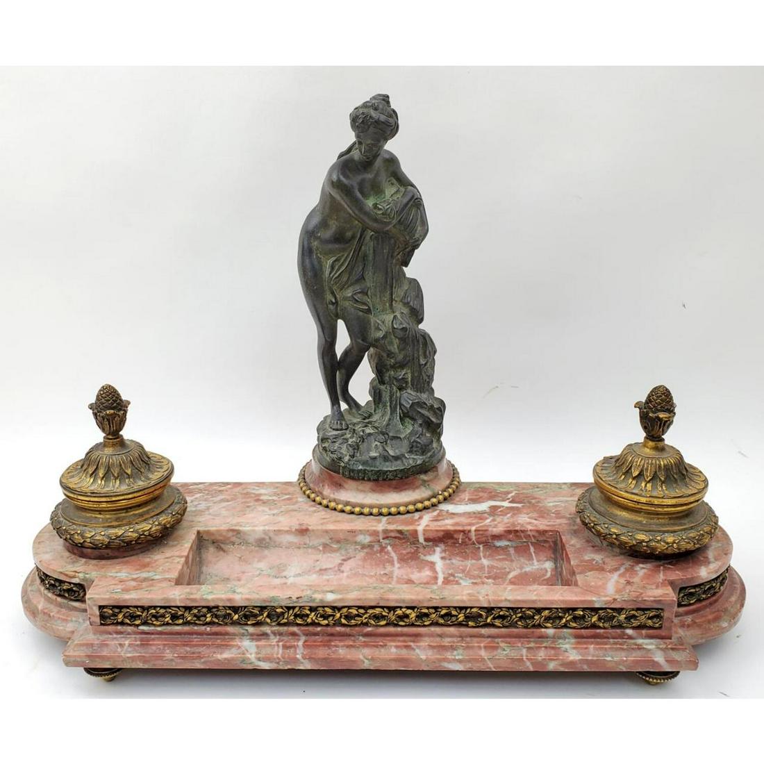 Antique Bronze Figure and Marble Inkwell & Holder (1 of 3)