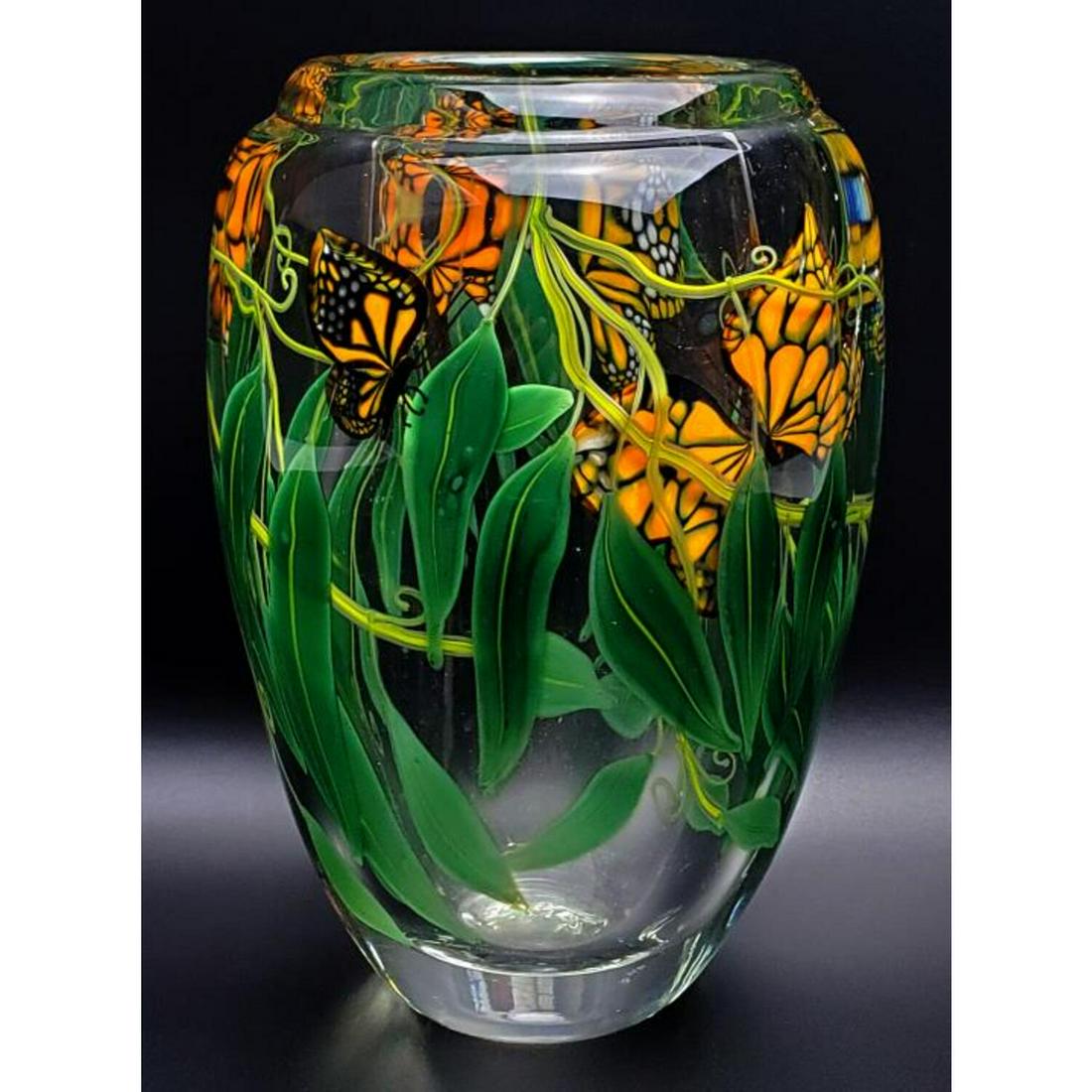 Steven Lundberg, Monarch Butterfly Art Glass Vase (1 of 6)