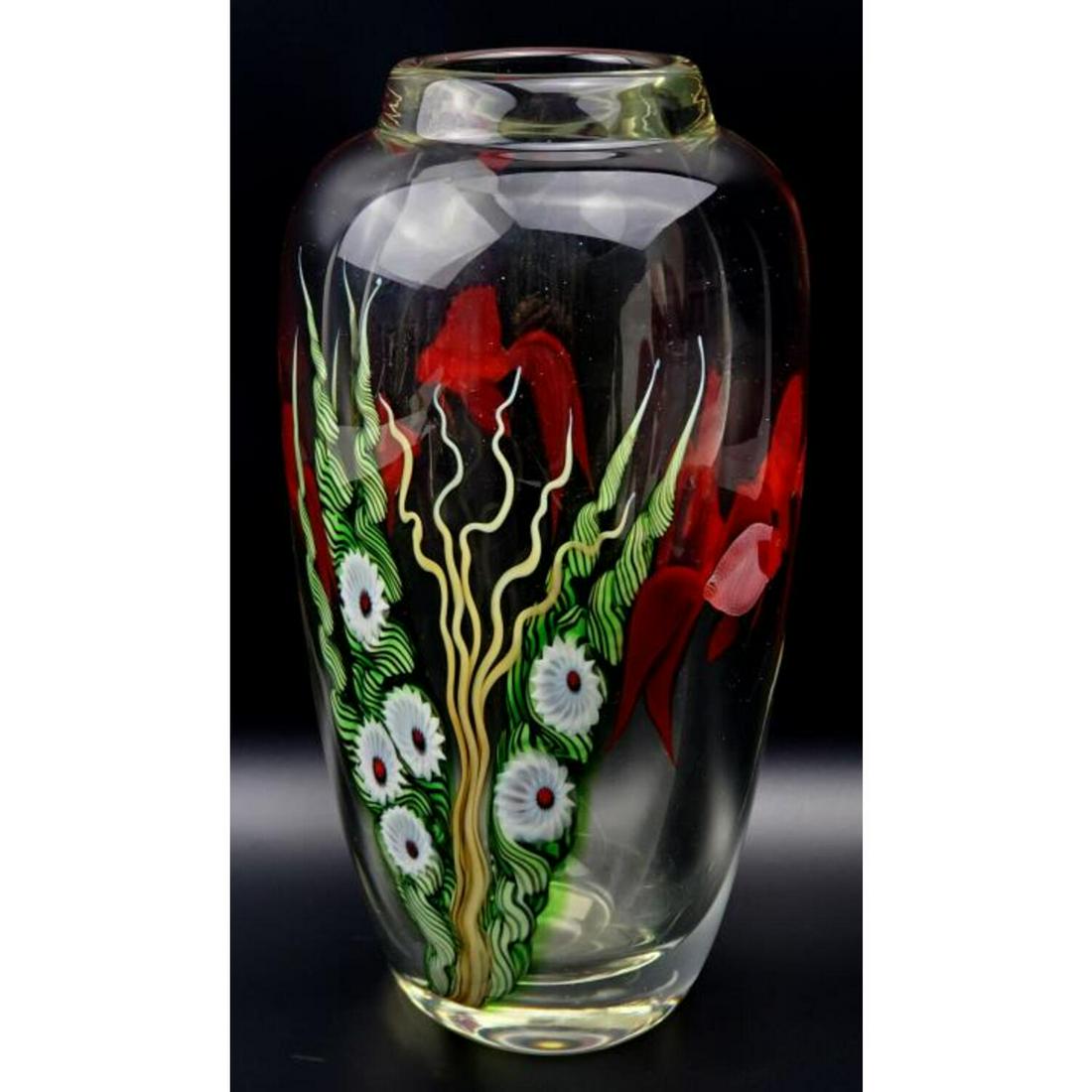 Orient and Flume Red Beta Art Glass Vase: Orient and Flume "Red Beta" Internally Decorated Art Glass Vase. Exceptional Workmanship and Quality.Condition: Excellent. Dimensions: H- 11", Dia- 3.25". Provenance: From a Long Island, NY Home. Plea