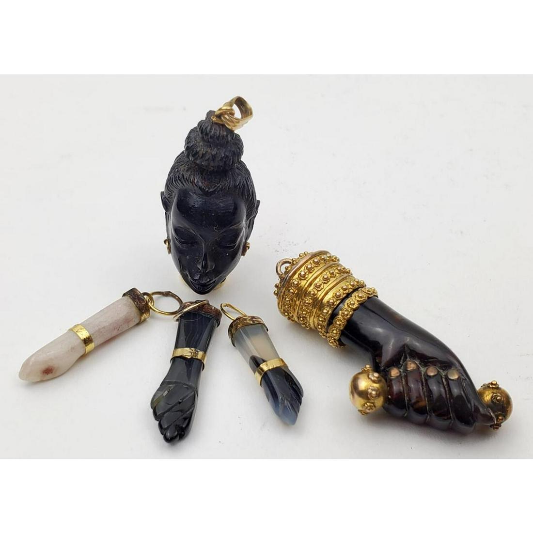 Lot of 5 Unusual Gold and Hard Stone Pendants: Lot of 5 Unusual Gold and Hard Stone Pendants. Condition: Generally Good. Dimensions: Largest- 2.5". Provenance: From a Queens, NY Home. Please note the absence of a condition report does not imply th