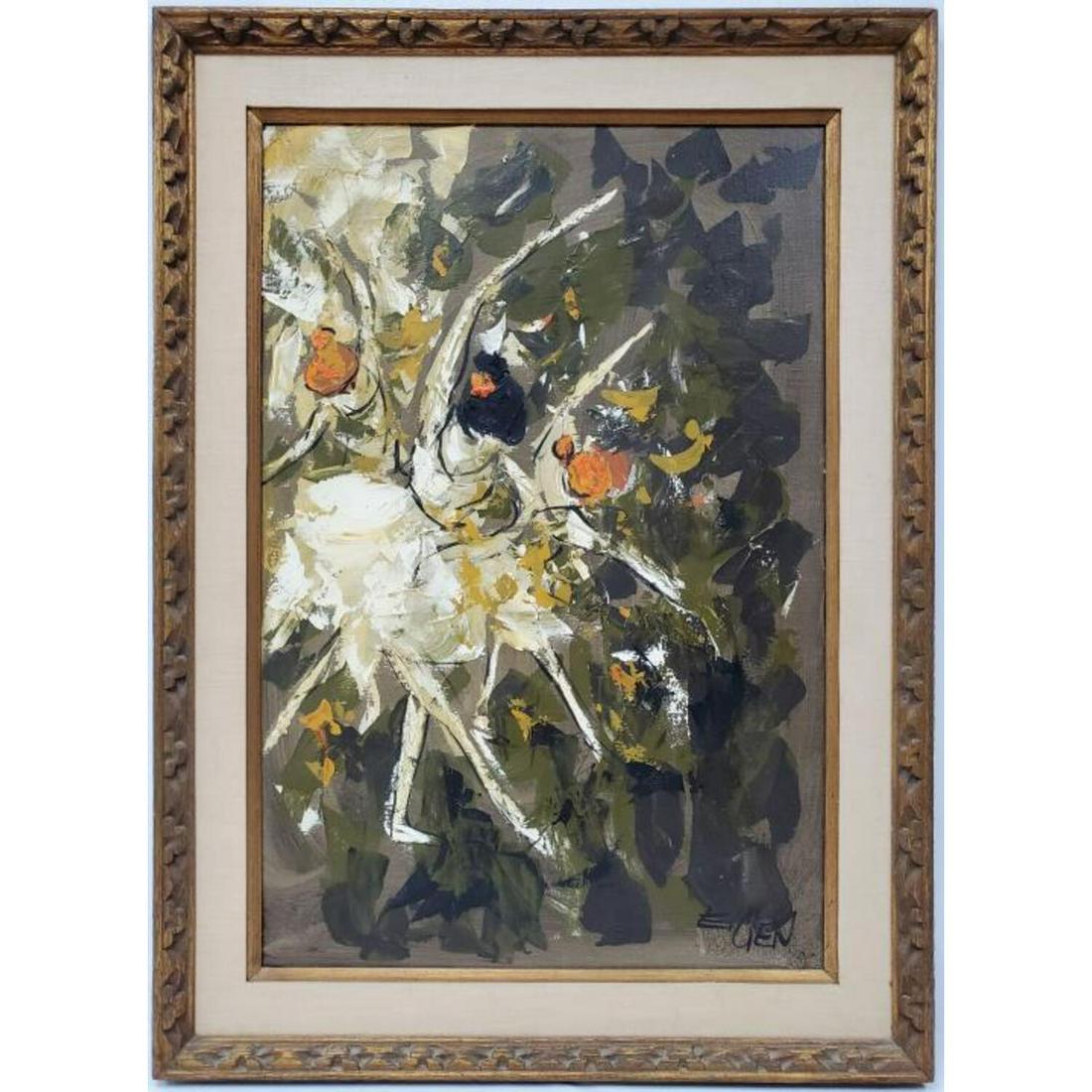Etta Benjamin Cien,"Ballerina Dancers": Etta Benjamin Cien, American (1924 - 2009) Painting Oil on Canvas "Ballerina Dancers" Signed Lower Right, Beautifully Framed.Condition: Generally Very Good, Some Craqueluor on top righ CornerDimension
