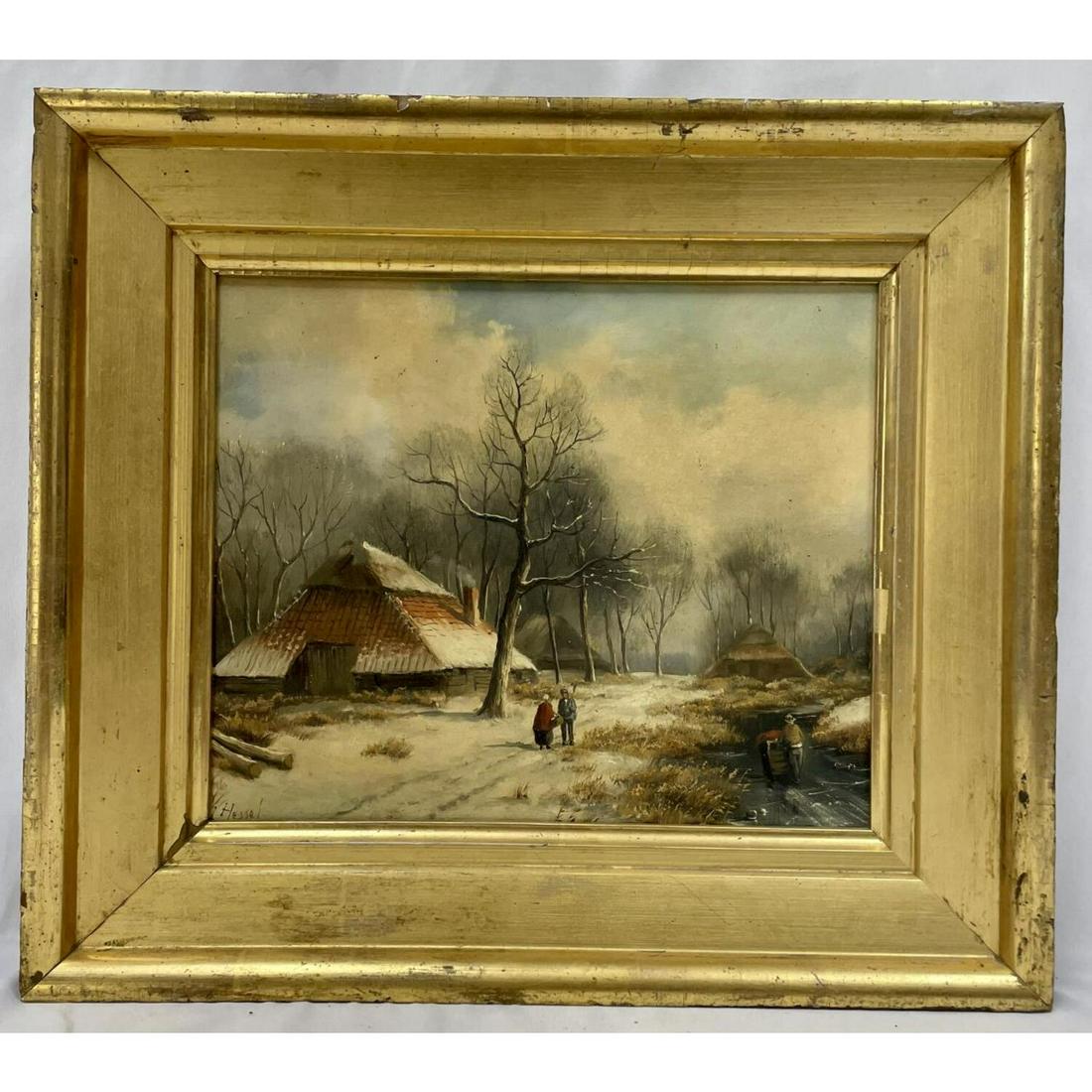 Jan Van Hessel Dutch ( 1894) Painting Oil on Board: Jan Van Hessel Dutch ( 1894), Painting Oil on Board "Figures along a Waterway in Winter" Signed Lower Left , FramedCondition: Generally GoodDimensions: Sight 11.25" X 9.25, Frame 16.25" X 14.25"Proven