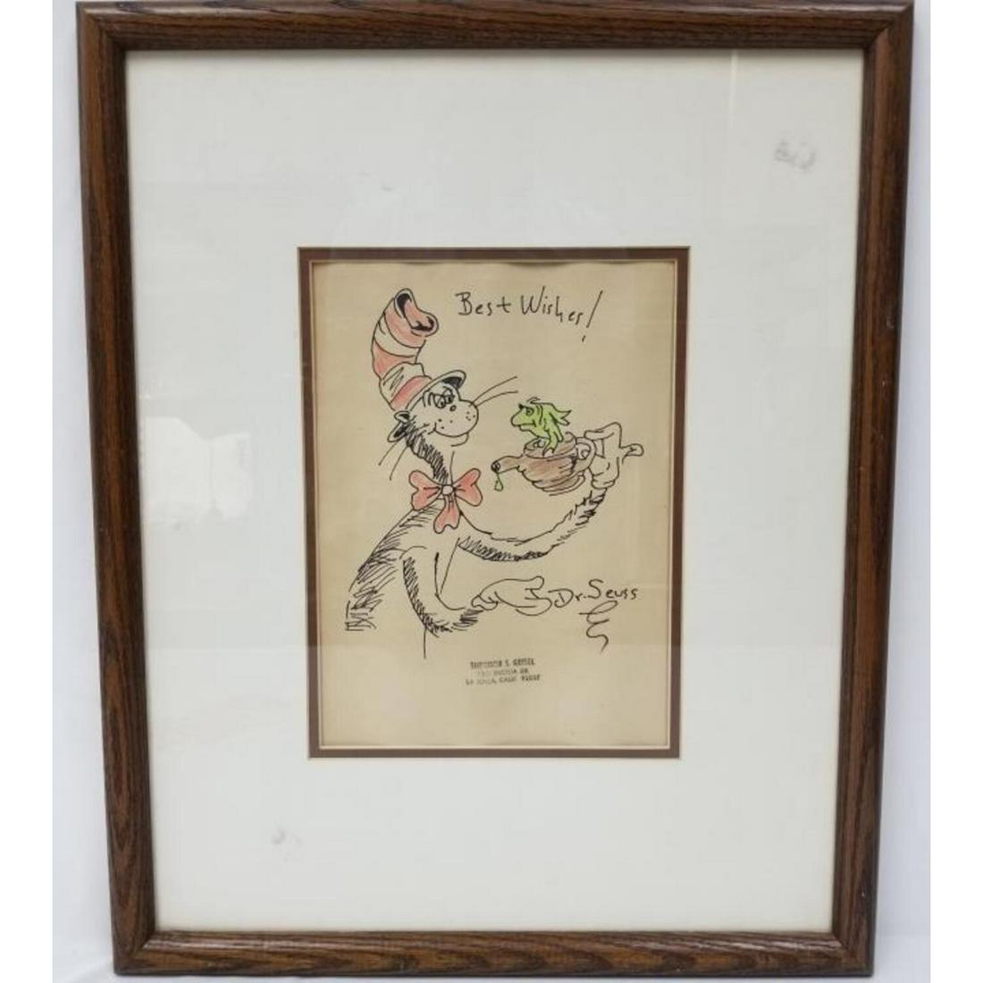 Dr. Seuss Colored Markers on Paper "Cat in the Hat: Dr. Seuss (Theodor Seuss Geisel), American (1904-1991). Colored Markers on Paper "Cat in the Hat". Signed Lower Rigtht and Stamp of Theodor S. Geisel, 7301 Encela Dr. La Jolla, California 92037. Frame