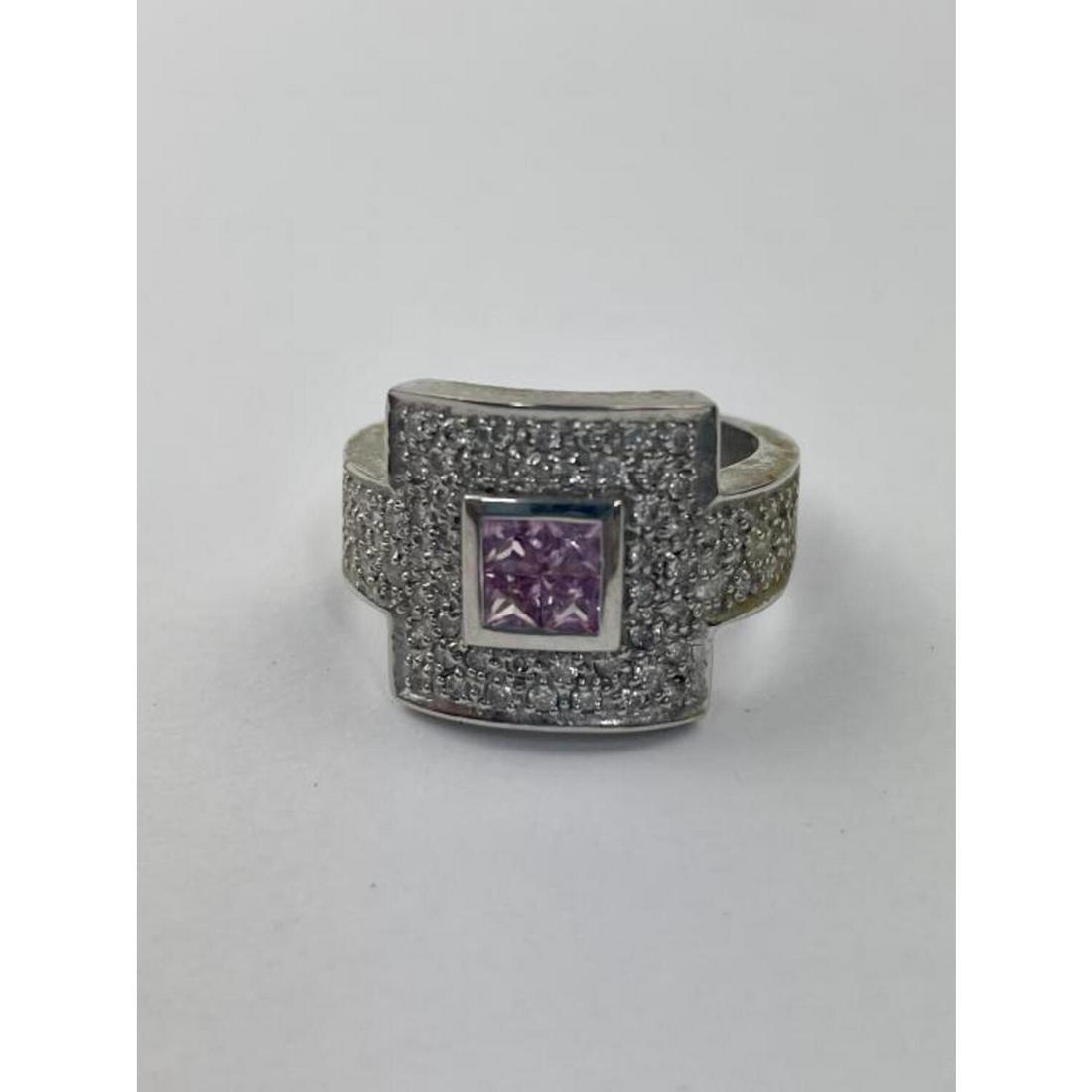 14K White Gold, Diamonds & Pink Gem Stone Ring. (1 of 2)