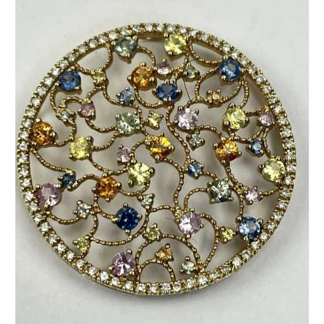 14K Gold, Gemstone & Diamonds Round Pendant. (1 of 3)