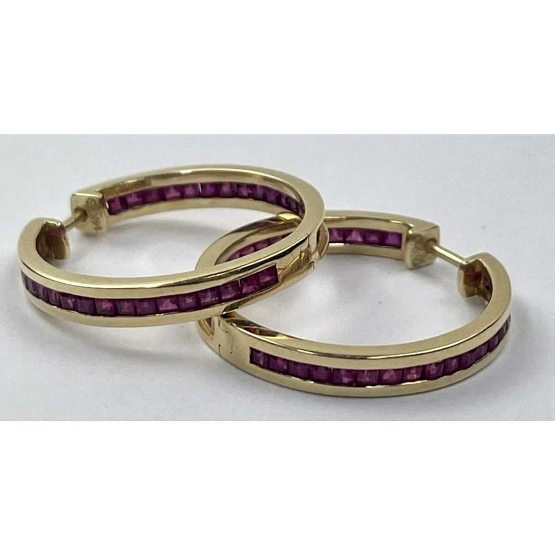 Fine Large Pair of 14K Gold & Rubies Hoop Earrings (1 of 3)