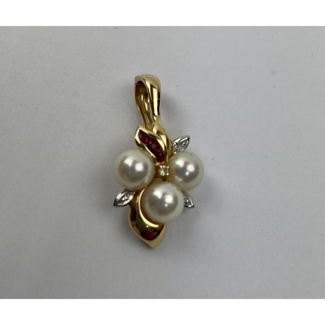 14K Gold, Diamonds, Rubies & Pearl Flower Pendant (1 of 1)