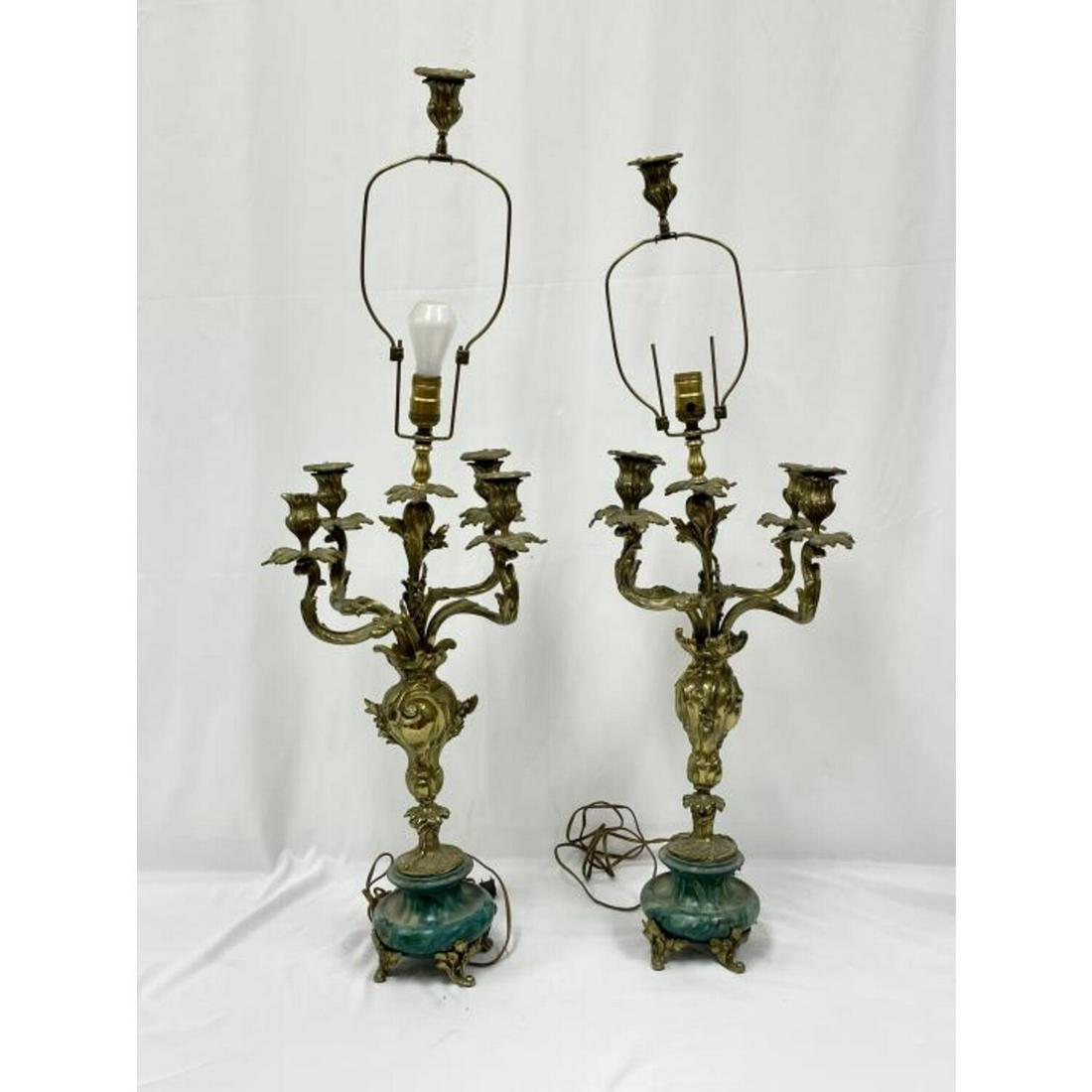 Vintage Pair of Heavy Brass 5 Light Candelabras: Vintage Pair of Heavy Brass 5 Light Candelabra Mounted on Green Marbles Bases.Condition: Generally Good. Dimensions: H- 23.5", Dia- 13.5". Provenance: From a Long Island, NY Home. Please note the abse