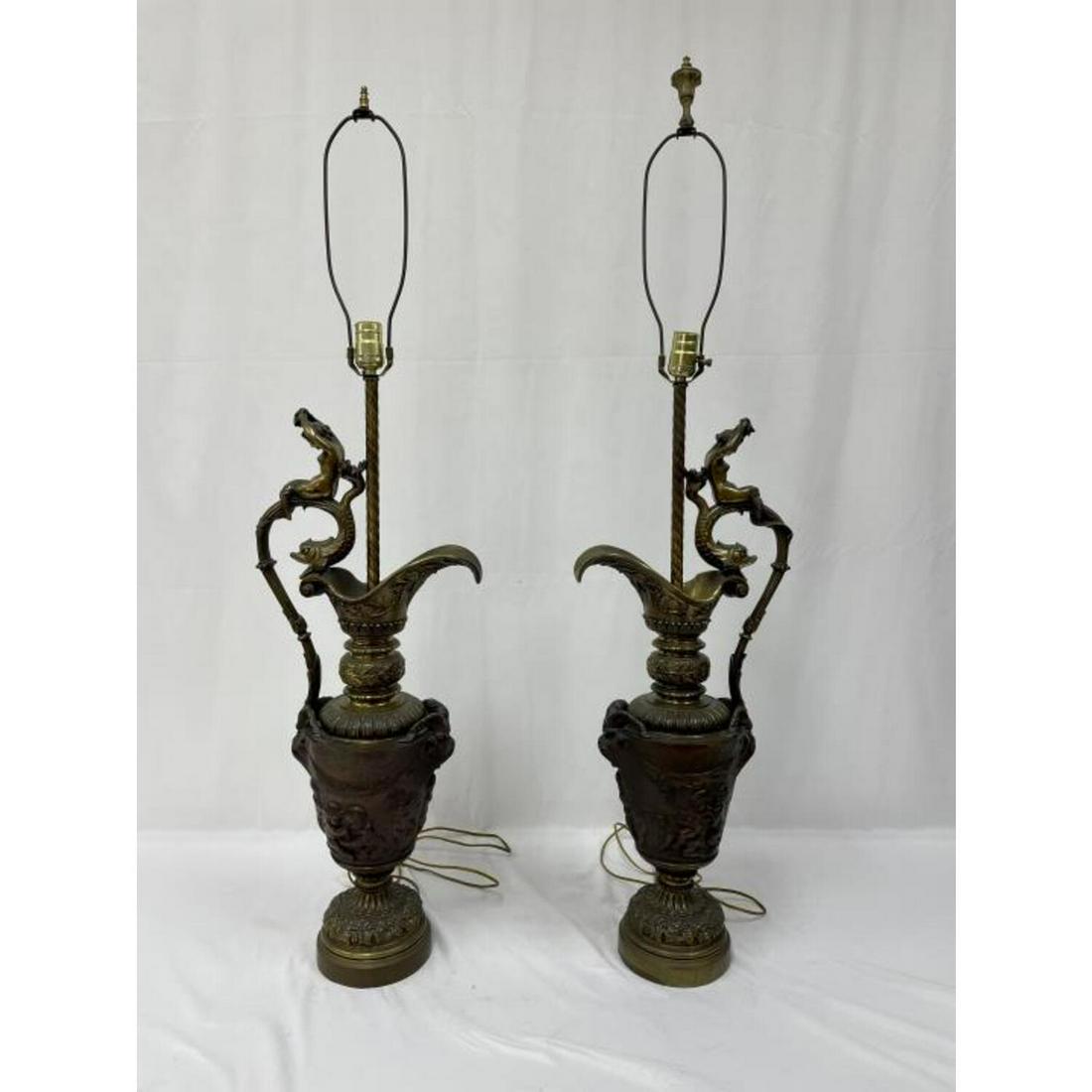 Antique Pair of Ornate Lamps with Mermaid Handle: Large Antique Bronze or Heavy Brass Pair of Ornate Lamps with Mermaid Handle. Condition: Generally Good. Dimensions: H- 44". Provenance: From a Long Island, NY Home. Please note the absence of a condi