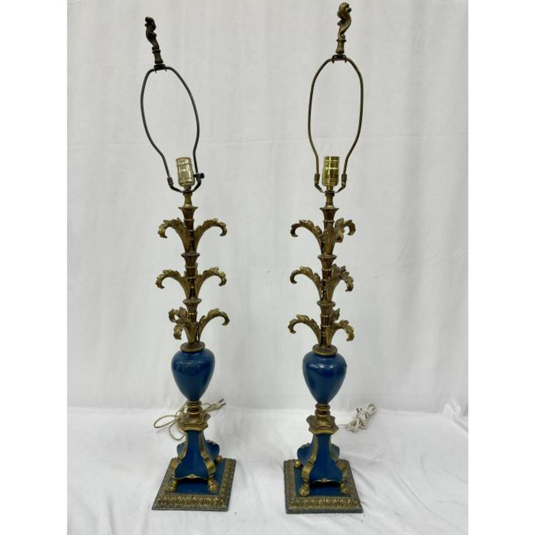 Vintage Pair of Brass and Painted Blue Lamps: Vintage Pair of Brass and Painted Blue Candlesticks Made into Lamps. Condition: Generally Good. Dimensions: Candlestick H- 26". Provenance: From a Long Island, NY Home. Please note the absence of a co