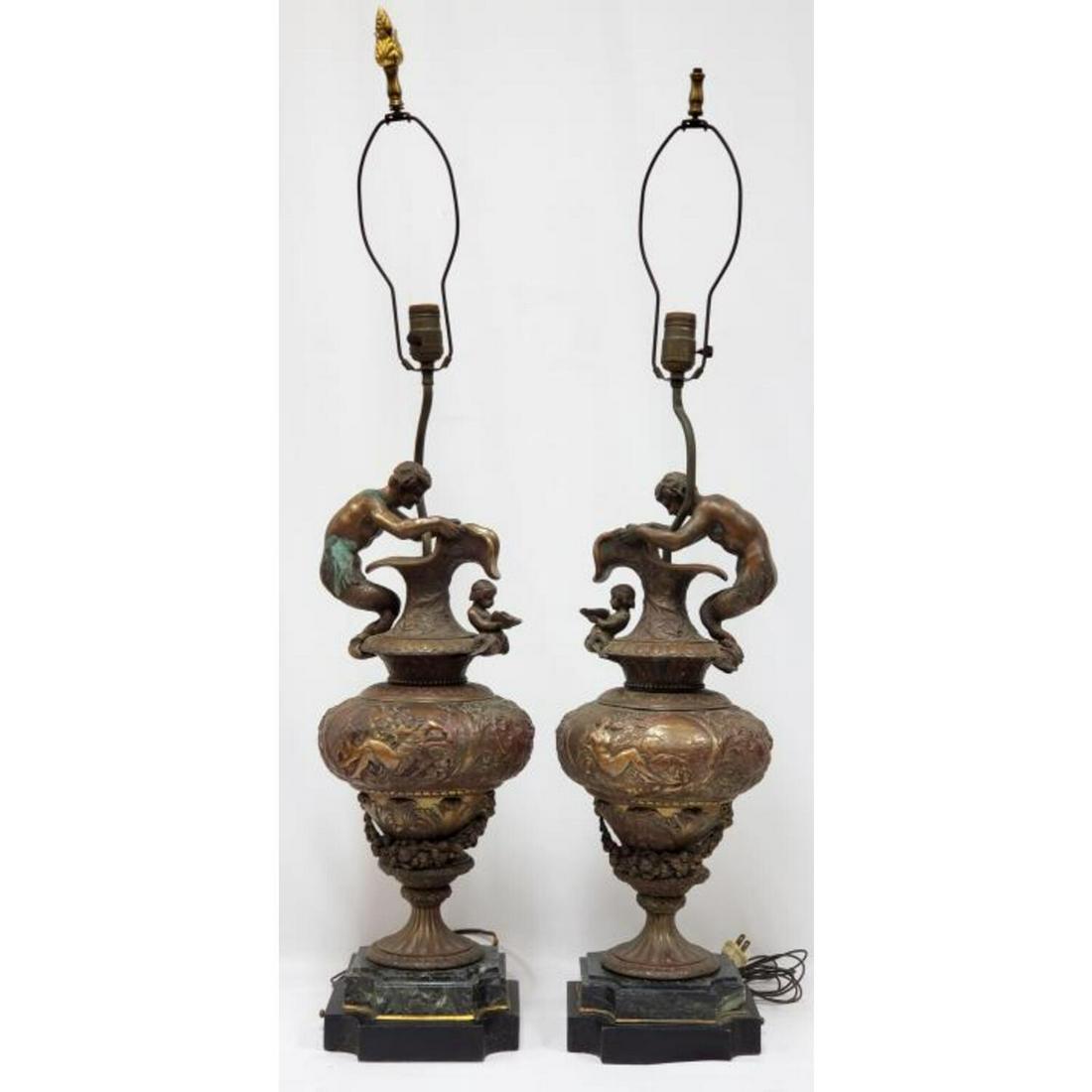 Pair of Very Large Antique Bronze Urn Shape Lamps: Pair of Very Large Antique Bronze Urn Shape Lamps Mounted on Mounted on Green Marble Base. The Handles Depict a Male Siren and the Other Parts are Various Sea Motif Designs. Condition: Generally Very 