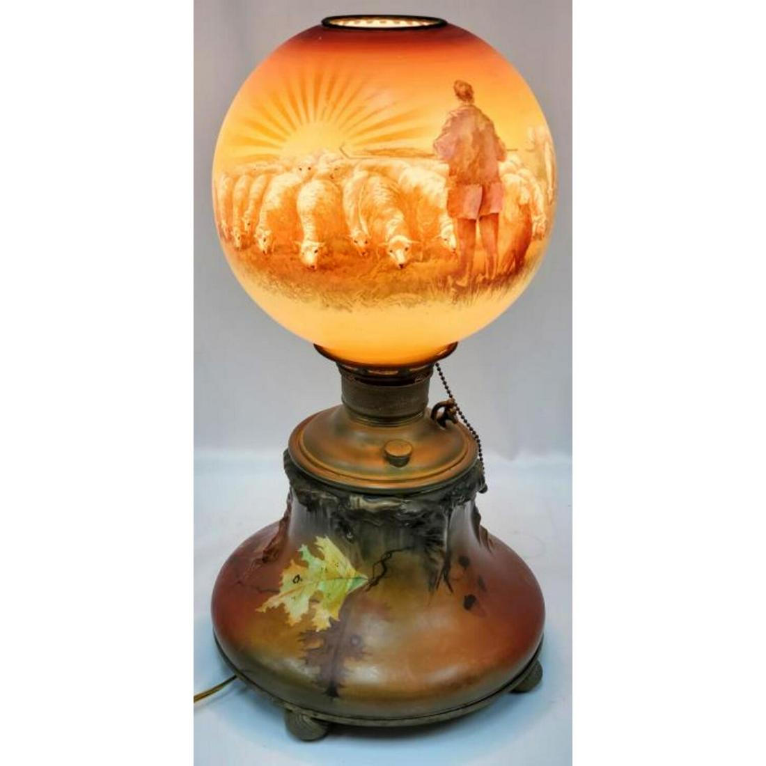 Antique Painted Glass and Brass Oil Lamp (1 of 5)