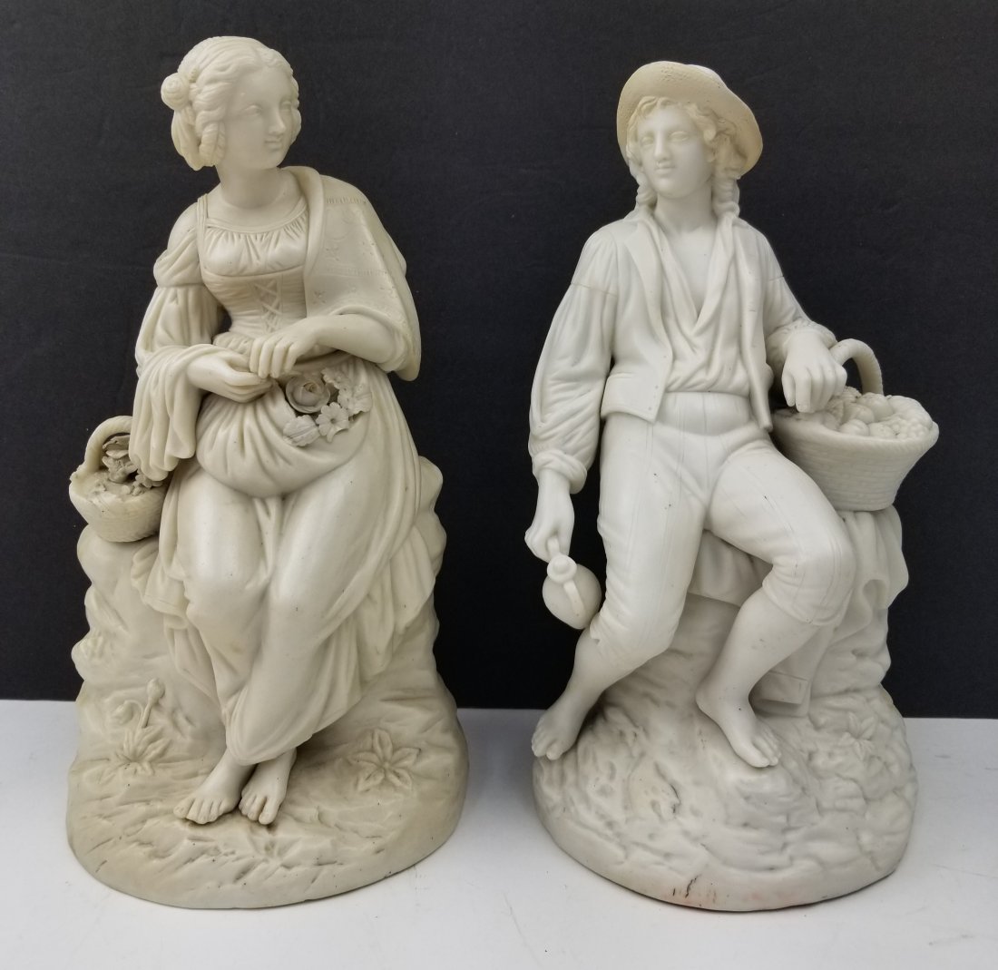 Vintage Pair White Parian Figures of Man & Woman: Vintage Pair of White Parian Figures of Man and Woman. Probably French. Condition: Generally Good. Hat of the Man is Repaired. Sold As Is. Dimensions: H- 10". Provenance: From a Long Island, NY Home.