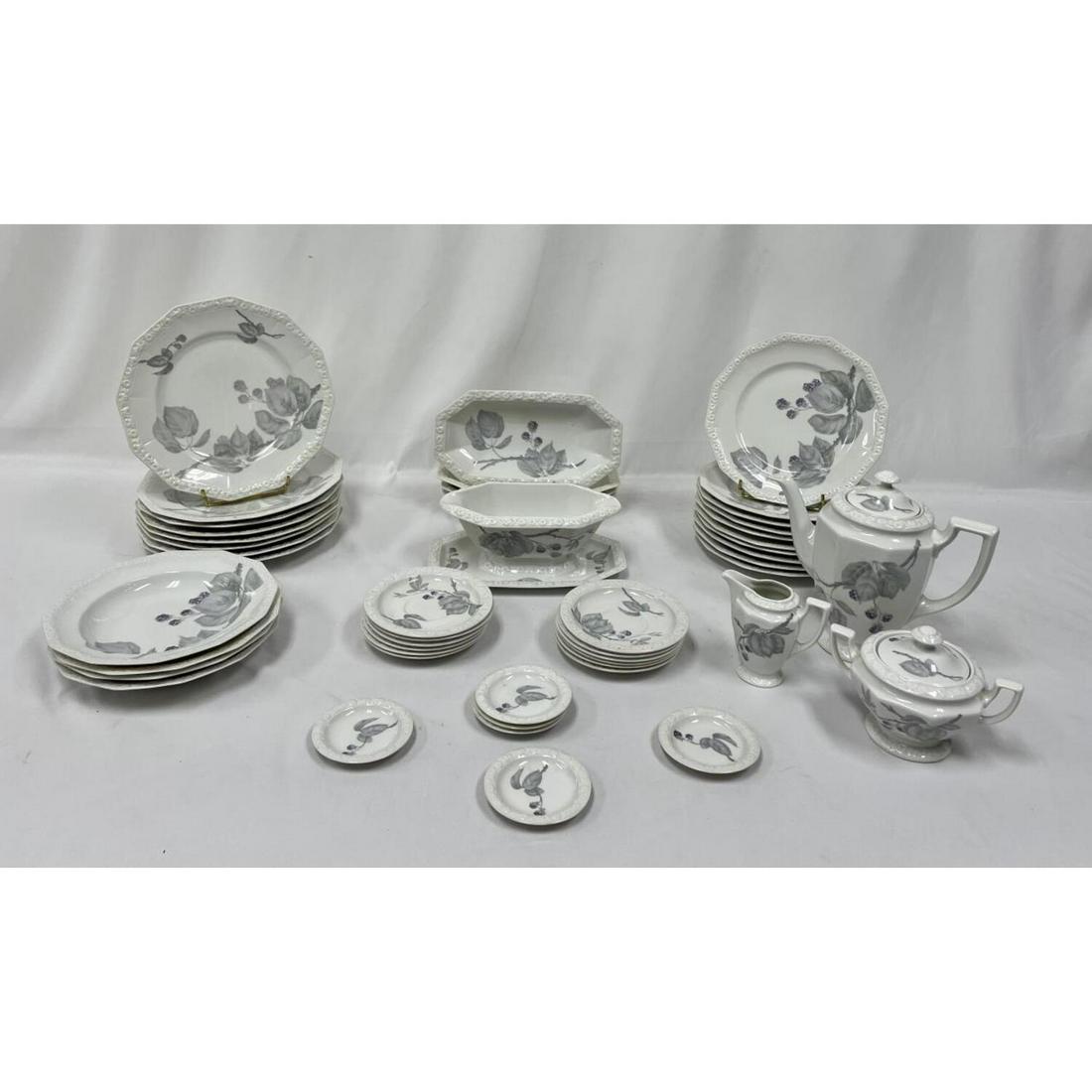 Rosenthal German Porcelain Partial Dinner Set: Vintage Rosenthal German Porcelain Partial Dinner Set "Maria Pattern" Including Coffee Pot, Sugar, Creamer, Dinner Plates, Dessert Plates, Cups and Saucer, Soup Bowls, etc. Condition: Generally Good.