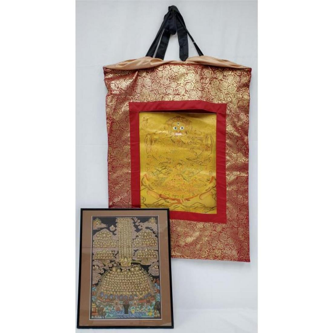 Nepalese Thongka with hand painted water color: Nepalese Thongka with hand painted water color tapestry Condition: Generally Very goodDimensions: painting sight 17.5" x 12.25", tapestry sight 18.25" x 14.25" Total H 42"Provenance: From a New Jersey