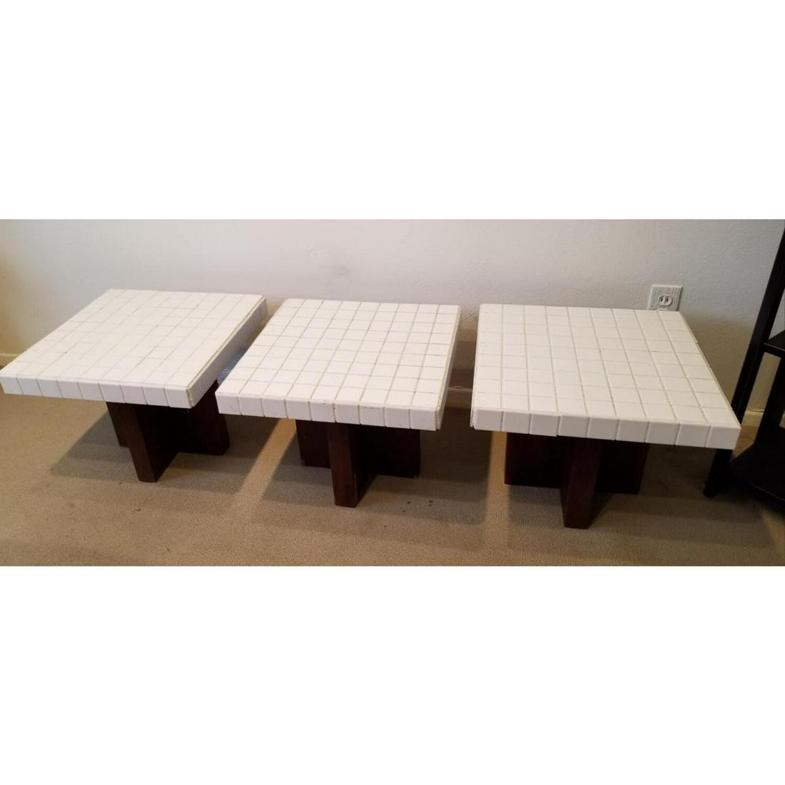 Milo Baughman MCM (Attribution) for Thayer Coggin: 3 Side Tables Milo Baughman MCM (Attribution) for Thayer Coggin, Circa 1960s. Model #1922. These were Originally had Leather Cushions, but the Owner Replace them with Tiles. Condition: Generally Good.