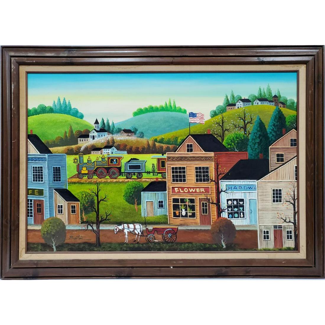 Signed Painting Oil on Canvas Folk Art: Vintage Folk Art Signed Barton Old American Amish Town Painting Oil on Canvas in Original Frame. Condition: Excellent.Dimensions: Sight-36" x 24". Frame-43" x 31".Provenance: From a Long Island, NY Ho