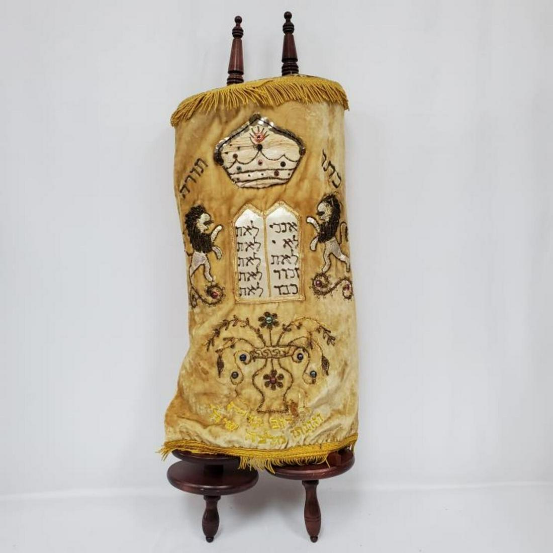 Judaica Antique Authentic Torah: Judaica Antique Authentic Torah Written on Parchment. Written Sepharadic Hebrew. In Original wood Rollers w/ Cover. Condition: Generally Good, As FoundDimensions: Total H-42".Provenance: From a Brookl