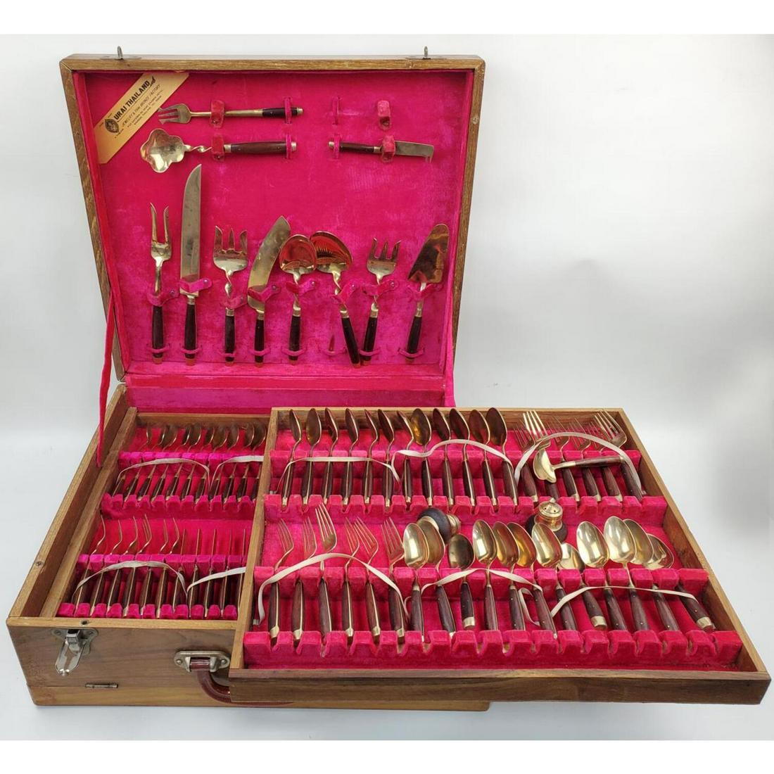 Old Bronze & Wood Thai Complete Large Cutlery Set (1 of 5)