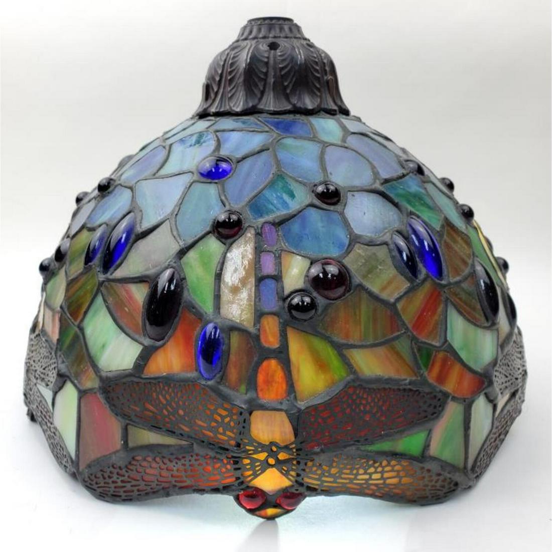 Vintage Stained Glass Shade "Dragonflies": Vintage Stained Glass Shade by Dale Tiffany "Dragonflies". Condition: Generally Very Good. Dimension: Dia- 10.5", H- 6.5". Provenance: From a Long Island, NY Estate. Please note the absence of a condi