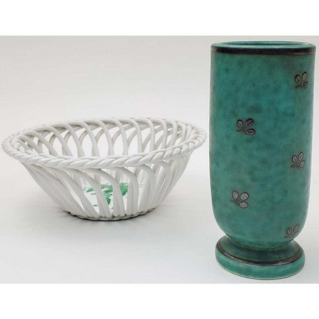 Gustavsberg Sweden "Argenta" Vase & Herrend Bowl: Gustavsberg Sweden "Argenta" Vase Along w/ a Herrend Hungary Reticulated Small Bowl. Condition: Excellent.Dimensions: Vase-H-4". Bowl-Dia.-4.6".Provenance: From a Long Island, NY Home.Please note the 
