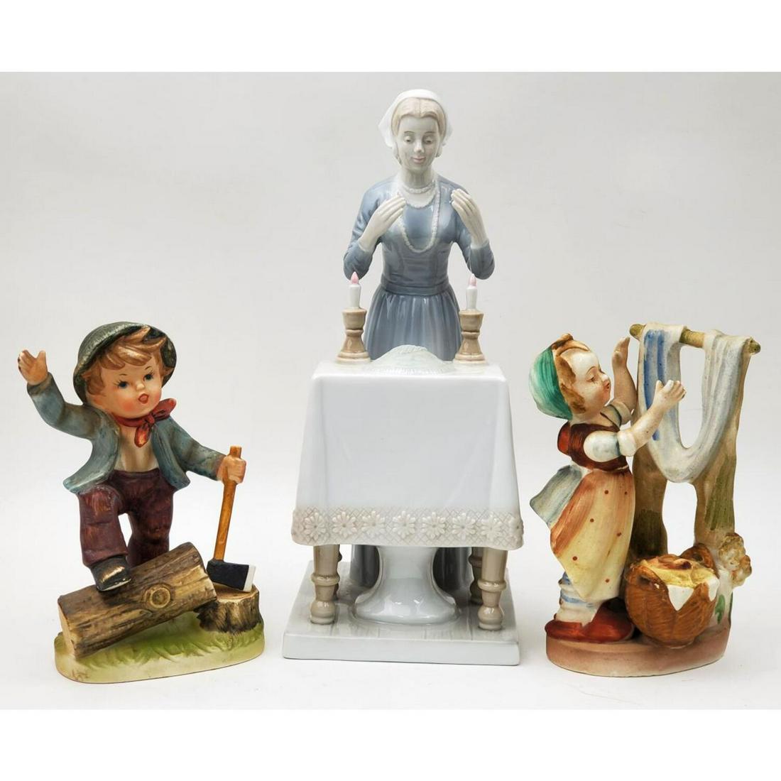 3 Porcelain Items: 3 Porcelain Items in Lladro and Hummel Style. Condition: Generally Good. Dimensions: Largest H- 9.5". Provenance: From a Long Island, NY Home. Please note the absence of a condition report does not im