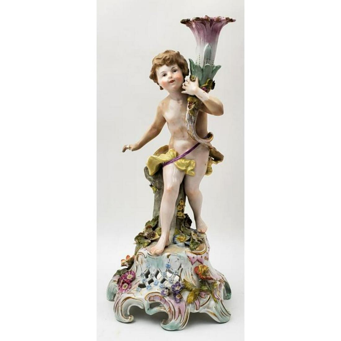 Meissen Style German Porcelain Candlestick: Antique Meissen Style German Porcelain Candlestick. Condition: Repairs and Damages. . Dimensions: H- 13". Provenance: From a Long Island, NY Home. Please note the absence of a condition report does no