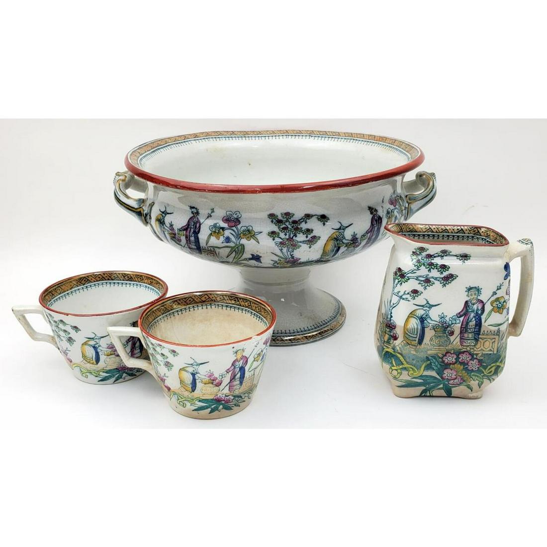 Lot of 5 Antique English Pottery Items by E.M & Co: Lot of 5 Antique English Pottery Items by E.M & Co. "Chang Pattern". Condition: As Is with Chips. Dimension: Bowl- Handle to Handle- 10.5", H- 5.75". Provenance: From a Long Island, NY Home. Please no