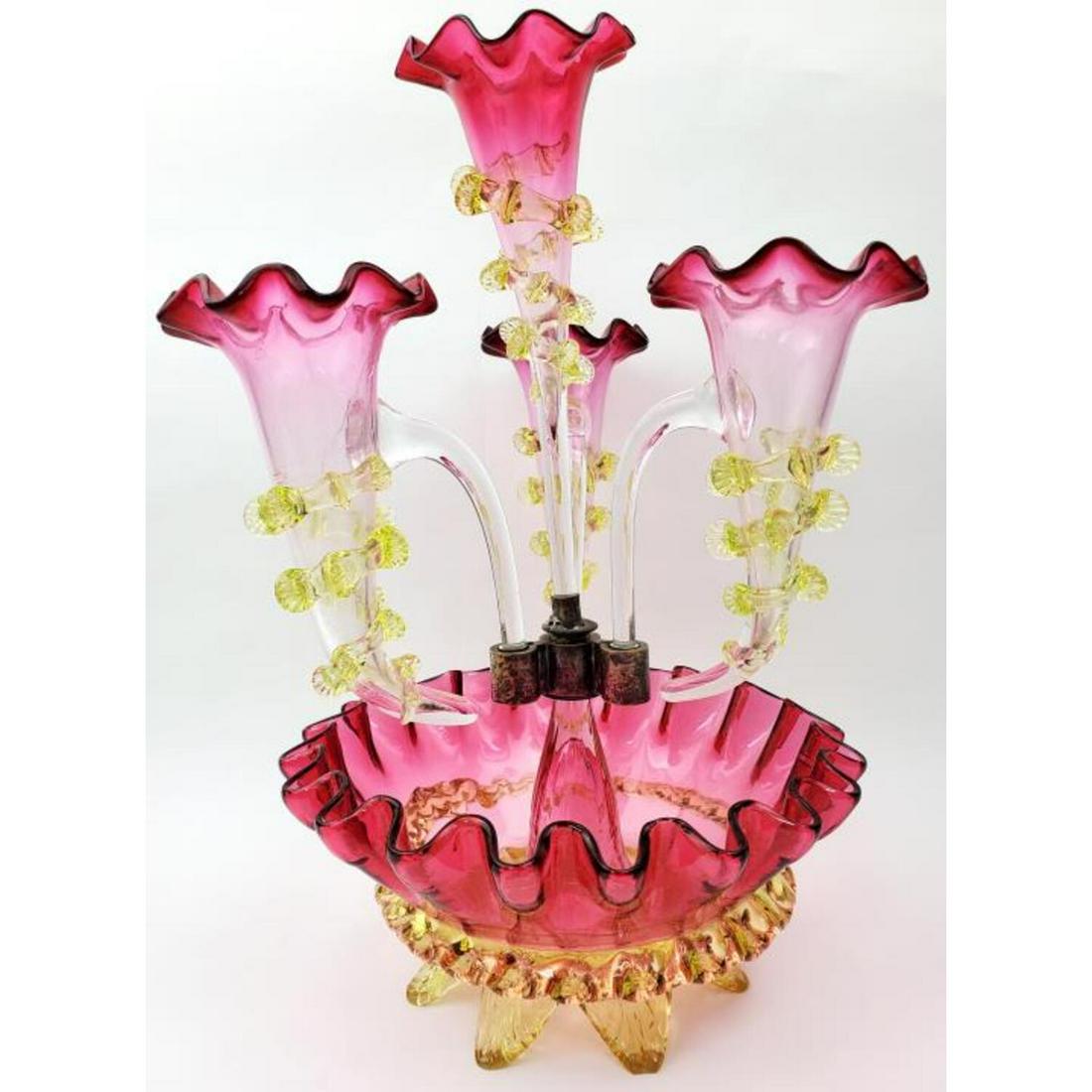 Victorian Antique Bride's Basket Art Glass: Victorian Antique Bride's Basket Art Glass. Condition: Generally Good, However 1 Flower Holder Has Been Repaired. Dimension: H- 13", Dia- 9". Provenance: From a Long Island, NY Estate. Please note the