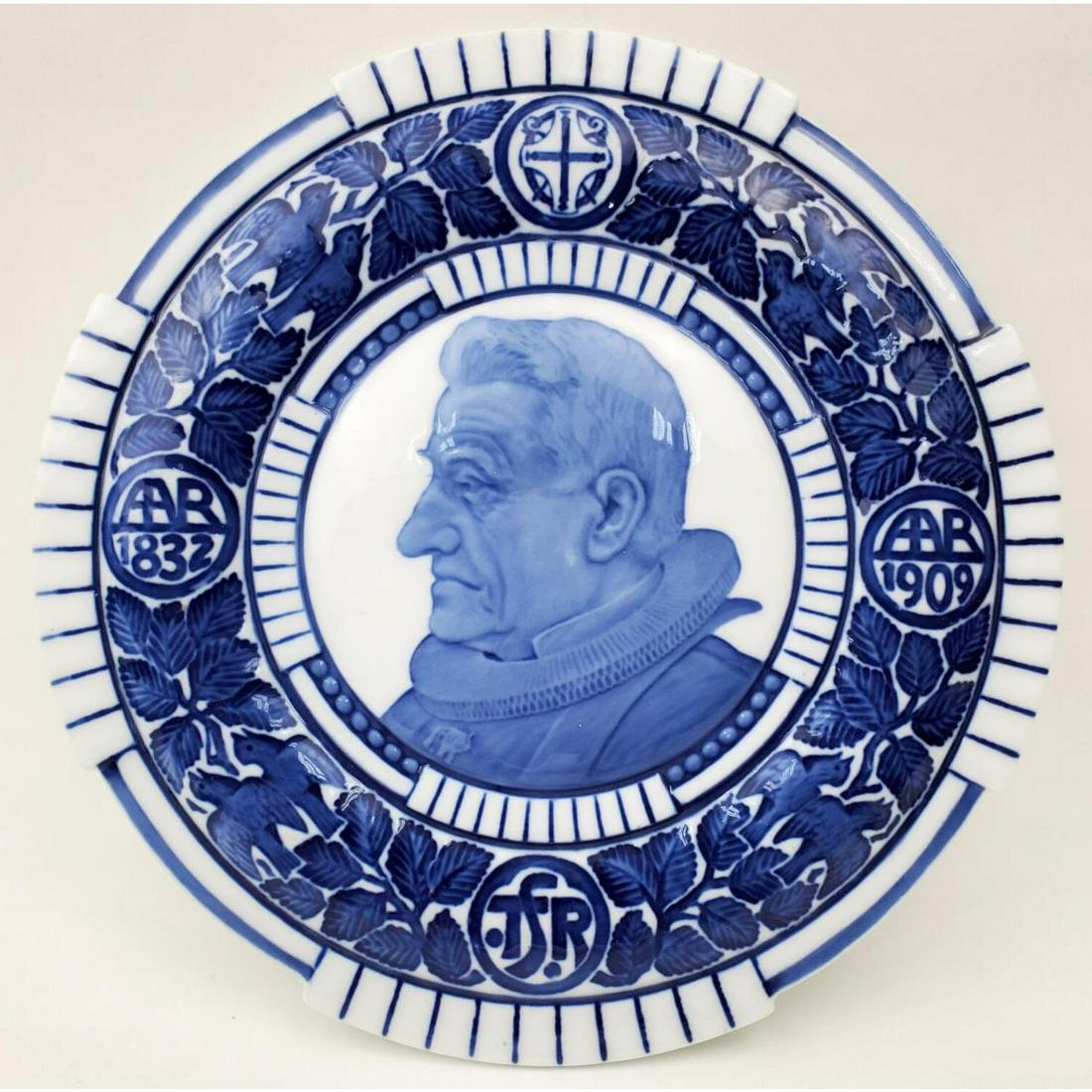 Royal Copenhagen Denmark Porcelain Plaque: Rare Royal Copenhagen Denmark Commemorative Porcelain Plaque from 1911 Designed by Bent Helweg-Moller for Bishop Thomas Skat Rordam w/ Portrait Profile. 4 Medallions, 2 Show 1832 & 1909. Monogram TSR 