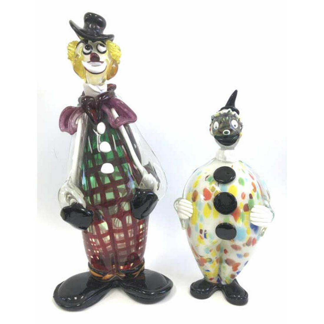 2 Italian Glass Clowns: 2 Italian Glass Clowns. One is a bottle with a removable stopper. Condition: With Some Repairs and Chips. Dimensions: Tallest H-20"Provenance: From a Long Island, NY home Please note the absence of a 