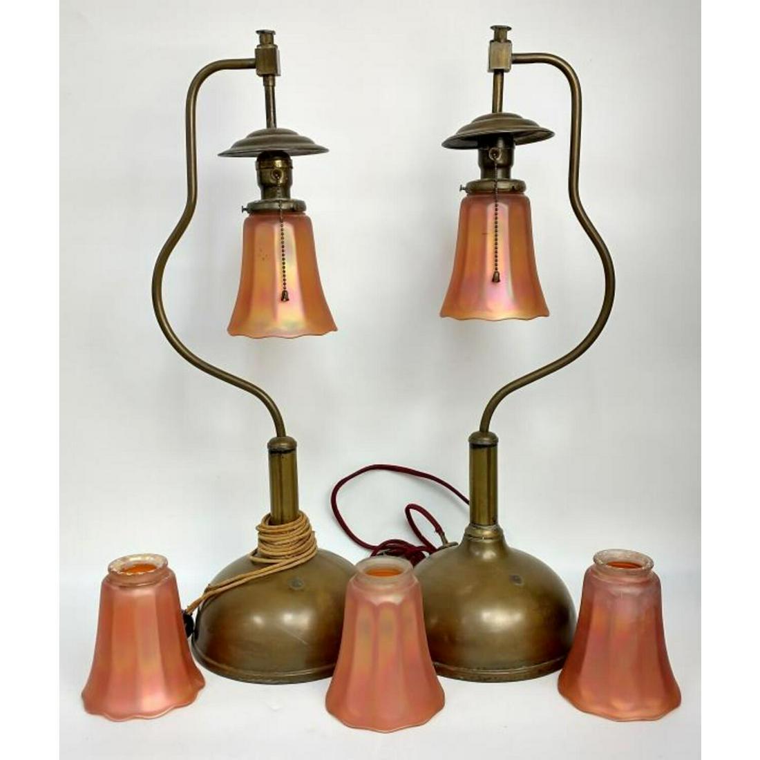 Pair Antique Oil Lamps w/ Iridescent Glass Shades (1 of 4)