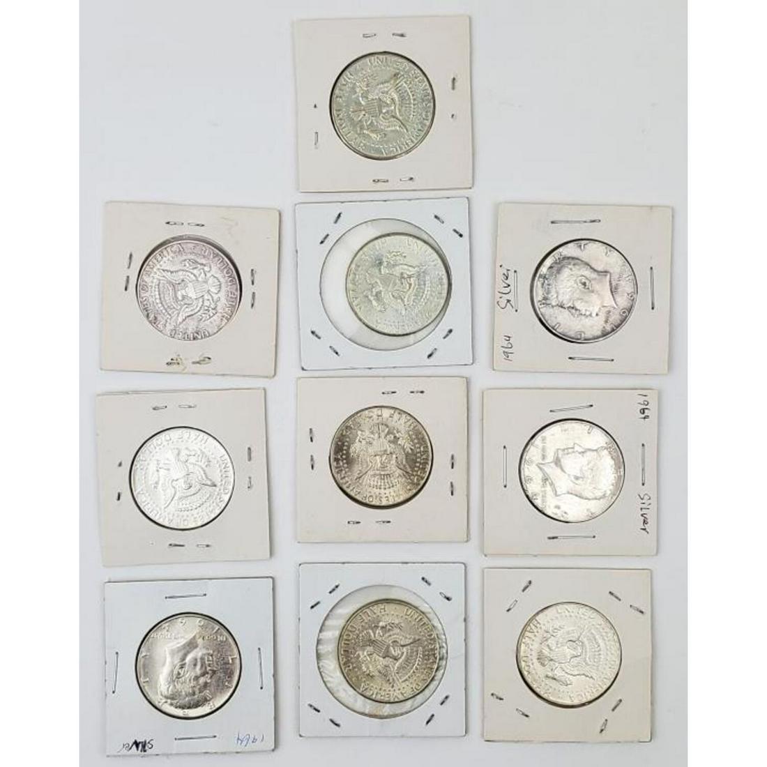 10 Kennedy Half Dollar Silver Coins: 10 Kennedy Half Dollar Silver Coins. All 1960s. Condition: Excellent. Provenance: From a Queens, NY Home. Please note the absence of a condition report does not imply that there are no condition issue
