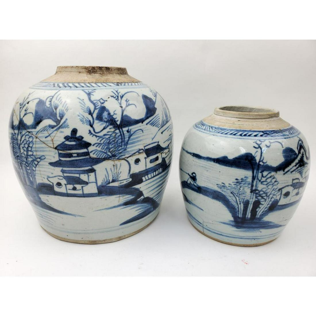 2 Chinese Blue & White Porcelain Ginger Jars.: 2 Chinese Blue & White Porcelain Ginger Jars. Condition: Missing Lids. Both Have Cracks.Dimensions: Larger- H-7.5" x Dia-7.5".Provenance: From a Queens, NY Home.Please note the absence of a condition