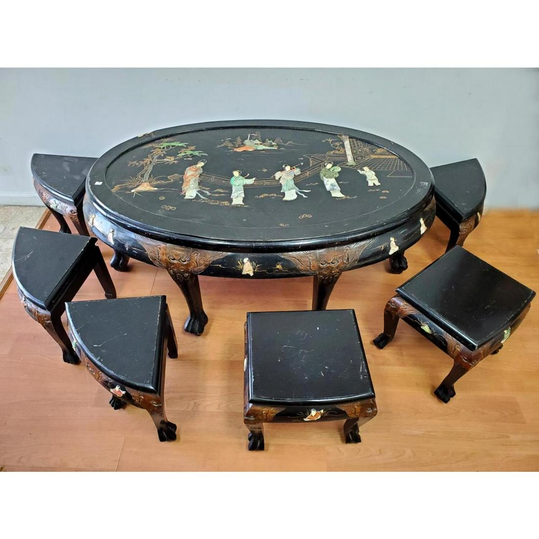 7 Piece Vintage Chinese Table w/ 6 Small Chairs (1 of 5)