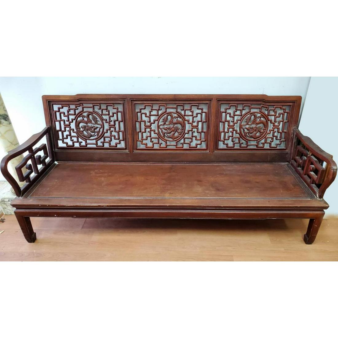 Antique Large Chinese Carved Wood Bench (1 of 5)