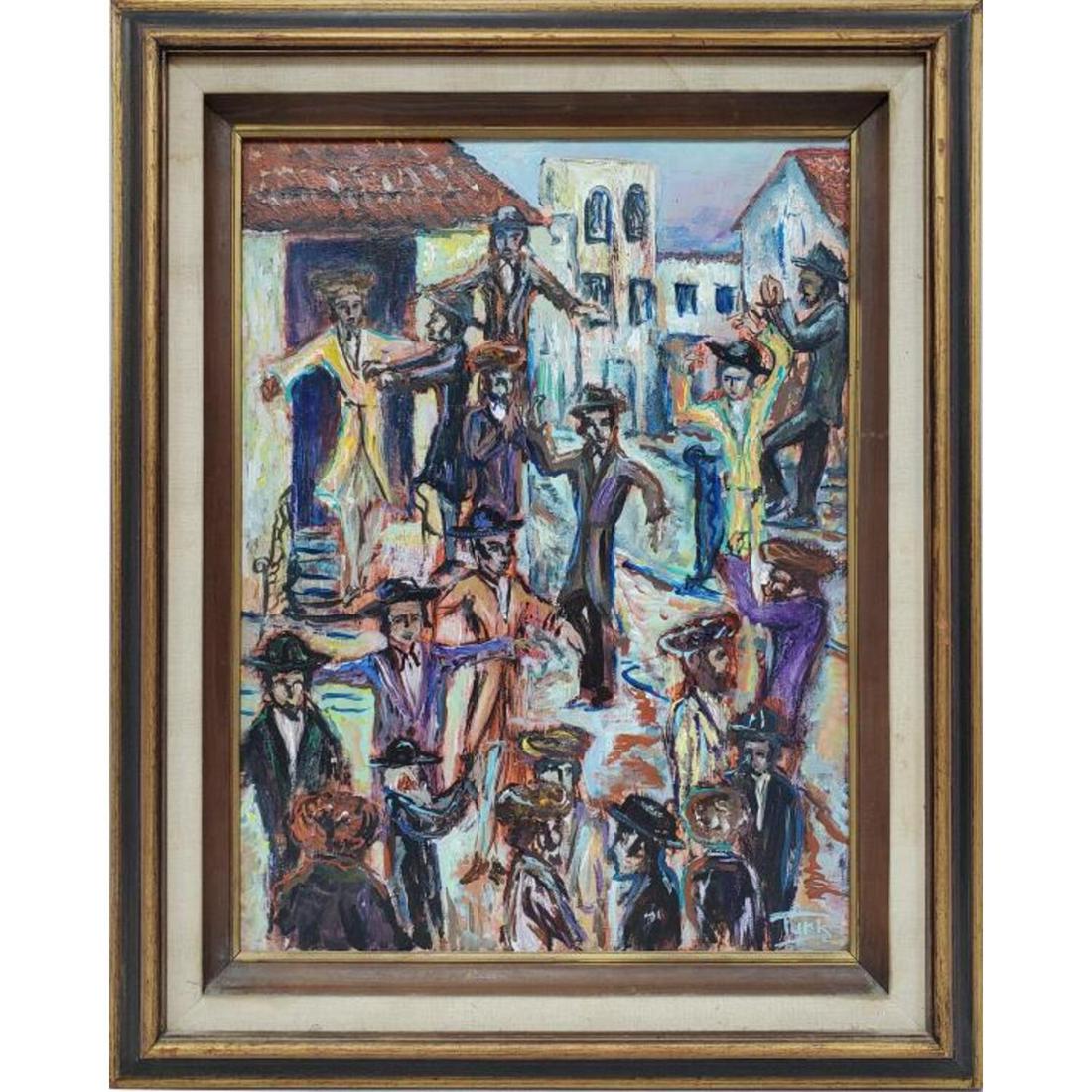 Marvin Turk, Israeli (Mid 20thc.) Painting: Marvin Turk, Israeli (Mid 20thc.) Painting, Oil on Board "Hag Measherim". Signed Lower Right. In Original Frame. Condition: Excellent. Dimensions: Sight- 24" x 18", Frame- 31" x 25". Provenance: From 