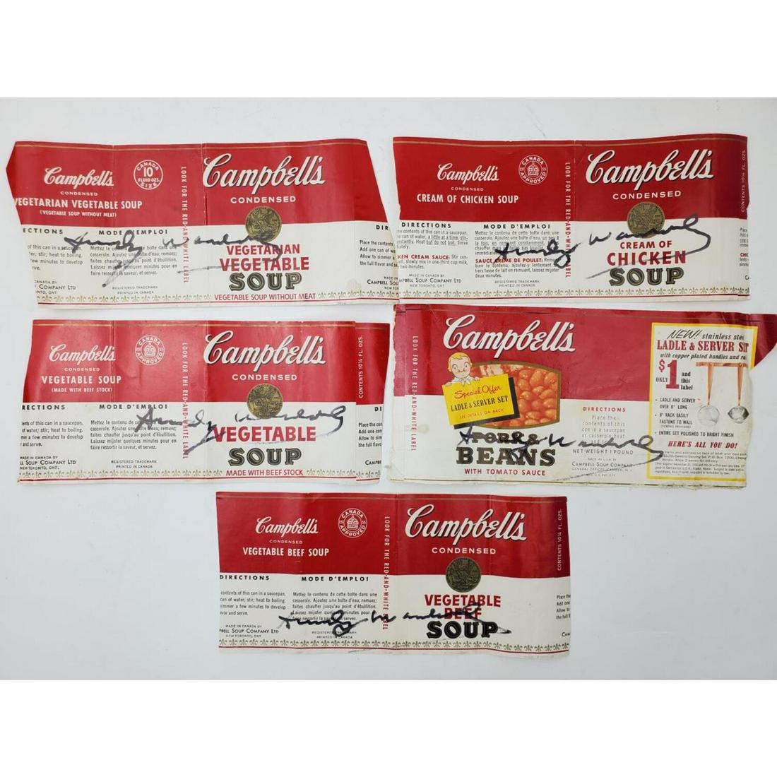 5 Cambell's Soup Can Labels All Signed Andy Warhol: 5 Cambell's Soup Can Labels All Signed Andy Warhol. Probably from 60s or 70s. Condition: Generally Good. Dimensions: Approximate L- 8.5" x 4.25". Provenance: From a Private Collection. Please note the