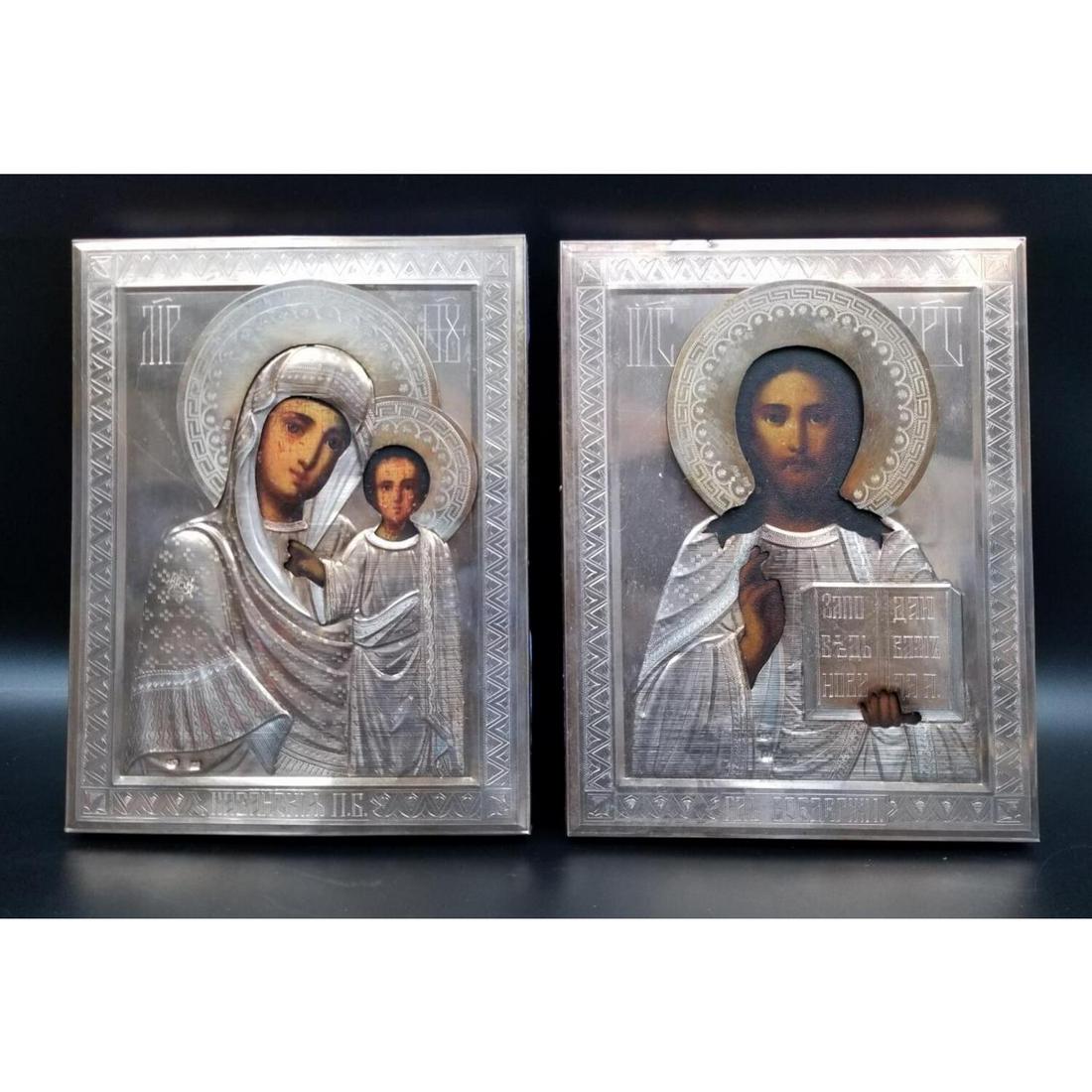 Antique Pair of Russian 84 Silver and Wood Icons (1 of 5)