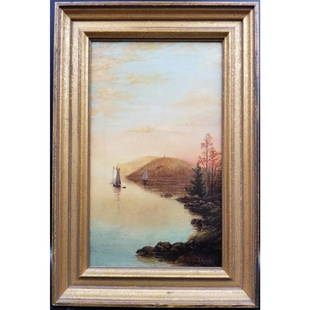 Sanford Robinson Gifford, American (1823-1880): Sanford Robinson Gifford, American (1823-1880). Painting, Oil on Canvas "Boat Scene". Signed Lower Right and Framed. Condition: Generally Very Good with Some Crazing. Dimension: Sight- 13.5" x 8.25",