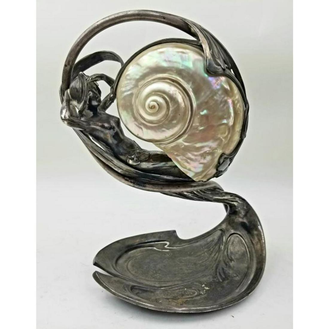 Gustav Gurschner, Austria (1873-1970) Lamp: Gustav Gurschner, Austria (1873-1970). Rare and Important Art Nouveau Silvered Bronze Figural Lamp "Nautilus". Circa 1900. Apparently Unsigned. Condition: Excellent. Silver Finish is Tarnished. Must B