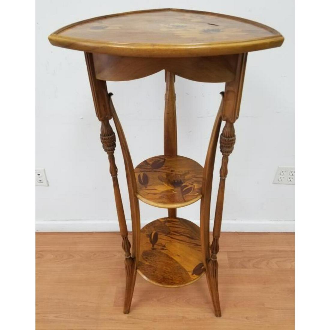 Louis Majorelle Tall Art Nouveau 3 Tier Side Table: Fine Louis Majorelle Tall Art Nouveau 3 Tier Marquetry Side Table with Pond Lily Decorations. Fully Signed. Circa 1900. Condition: Generally Very Good. No Restorations, Very Solid. Dimension: H- 46.25