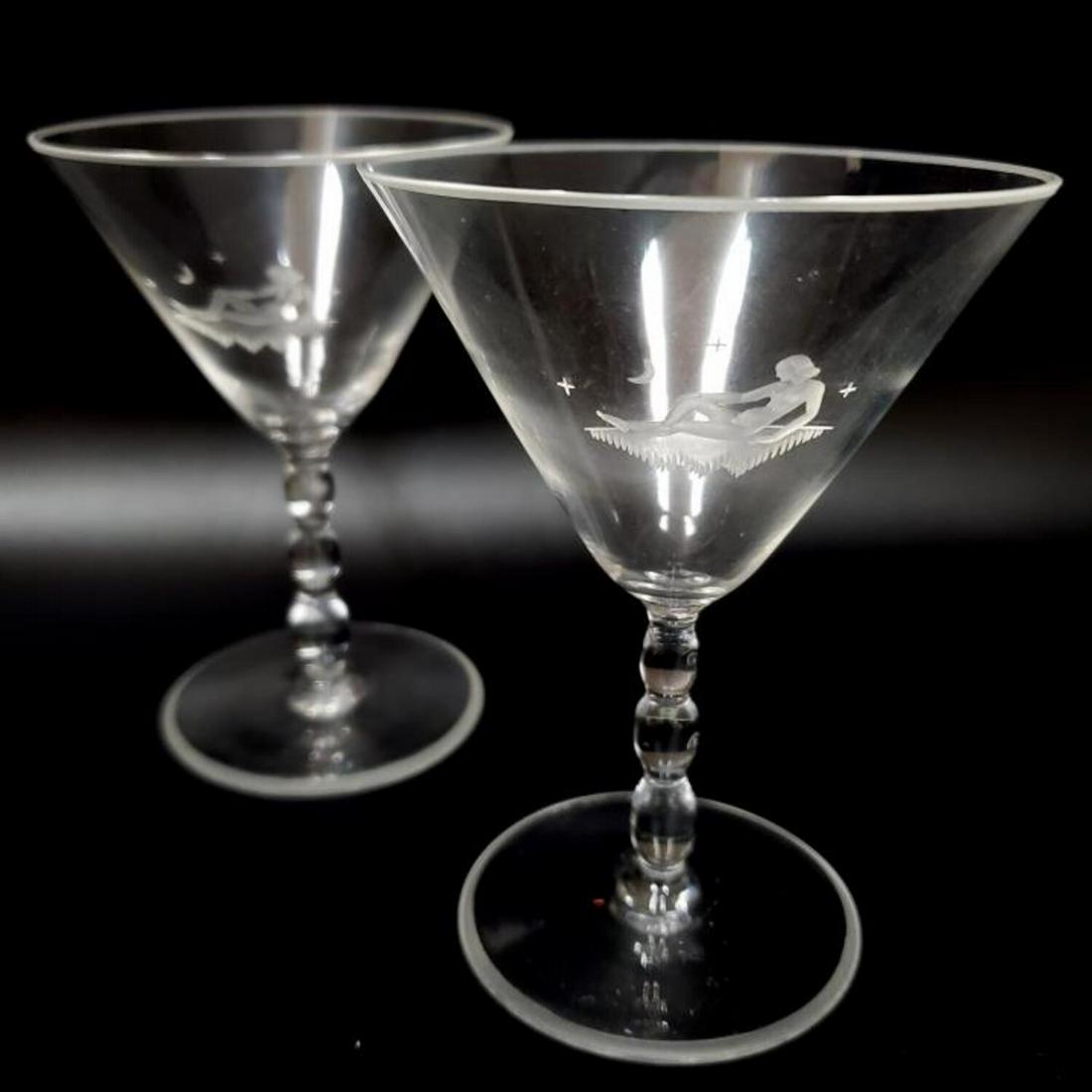 Pair Antique Simon Gate Orrefors Martini Glasses: Pair of Antique Simon Gate Orrefors Martini Glasses with Carved Figures. Both Signed and Dated 1932. Condition: Excellent. Dimension: H- 4.5", Dia- 3.25". Provenance: From the Collection of a New Jers