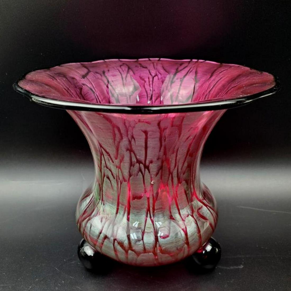 Rare Loetz Titania Austrian Glass Vase C1905: Rare Loetz Titania Austrian Glass Vase in Purple Color with Silver Decorations and 3 Black Round Feet. And Black Rim, Circa 1905.Condition: Excellent. Dimension: Dia- 6. 5", H- 5.5". Provenance: From 