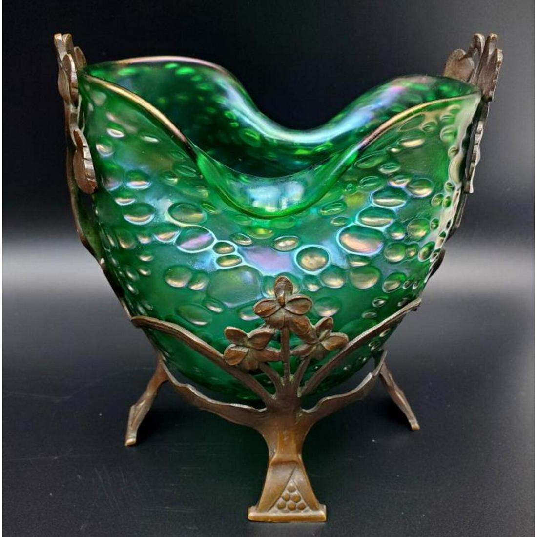 Loetz Art Nouveau Dimpled Glass Iridescent Vase: Loetz Art Nouveau Dimpled Glass Iridescent Vase on Original Bronze Art Nouveau Base. Condition: Excellent. Dimension: H- 6", L- 5.75", W- 4.25". Provenance: From the Collection of a New Jersey Doctor.