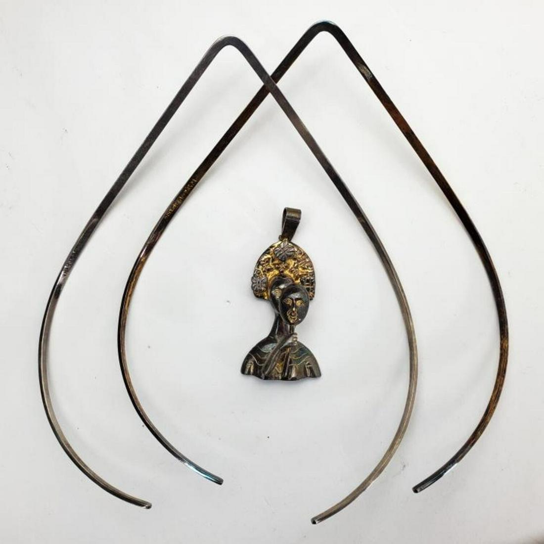 Sergio Bustamante, Mexico/Holland Sterling Silver: Sergio Bustamante, Mexico/Holland. Sterling Silver and Gilt Decorated Large Pendant (Fully Signed) Along with 2 Sterling Silver Mexican Chokers. Condition: Excellent. Dimensions: Pendant H- 2.25", Cho