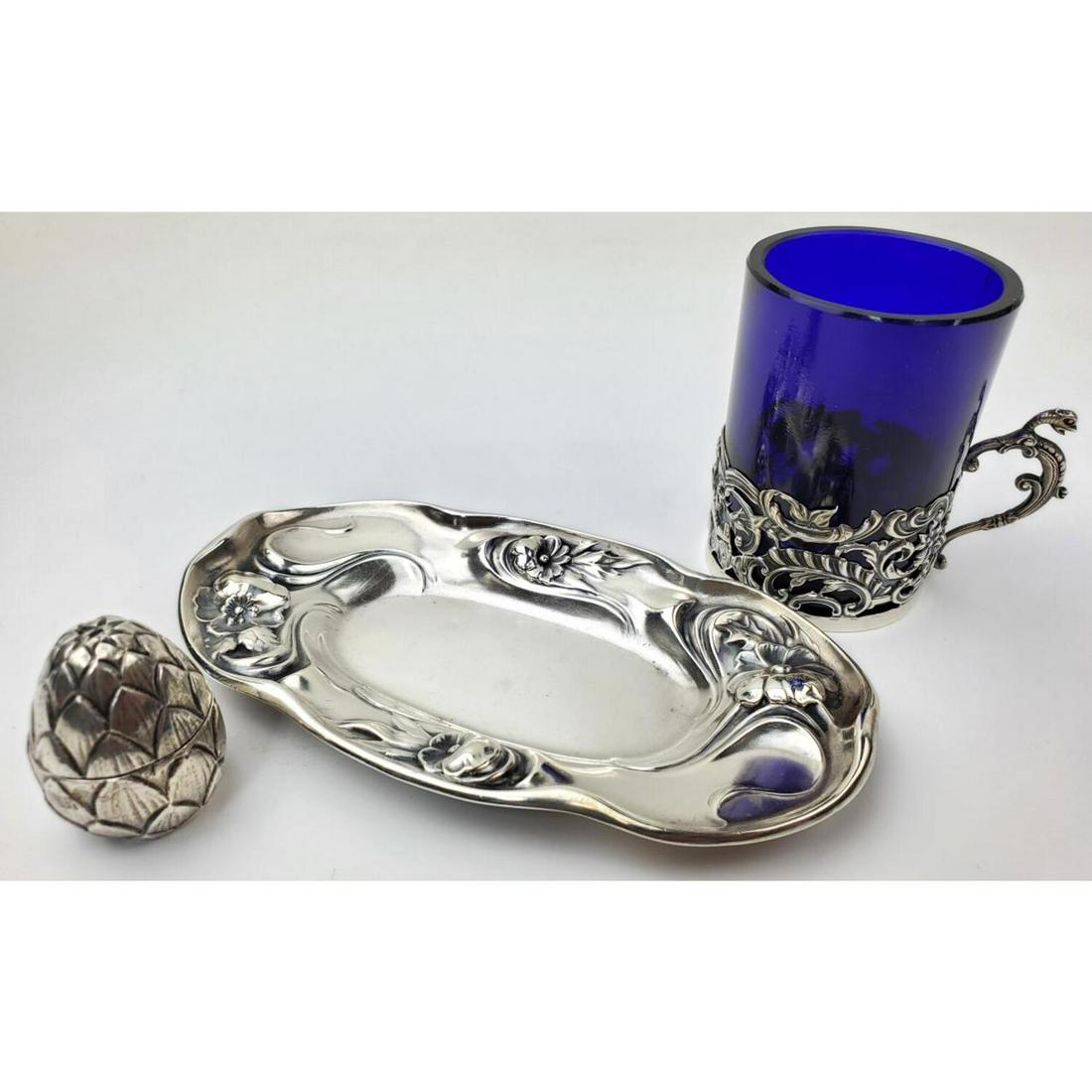 Lot of 3 Sterling Silver Items inc. Tiffany, etc.: Lot of 3 Sterling Silver Items Including an Art Nouveau Small Tray by Black, Starr & Frost, a Pill Box by Tiffany, and English Cobalt Blue Glass and Sterling Cup. Condition: Generally Very Good. Dimen
