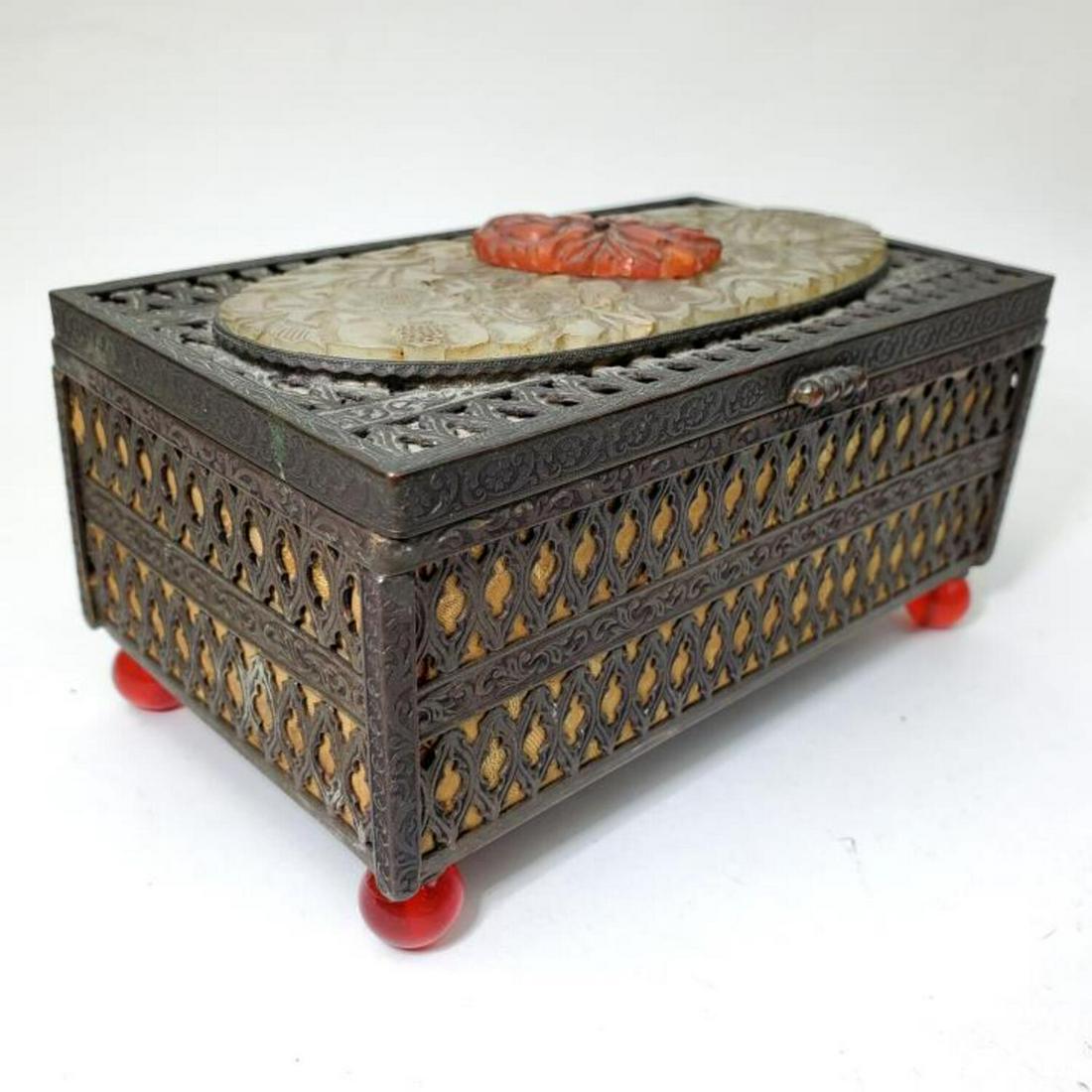 Antique Chinese Box w/ Applied Jade & Agate. (1 of 4)