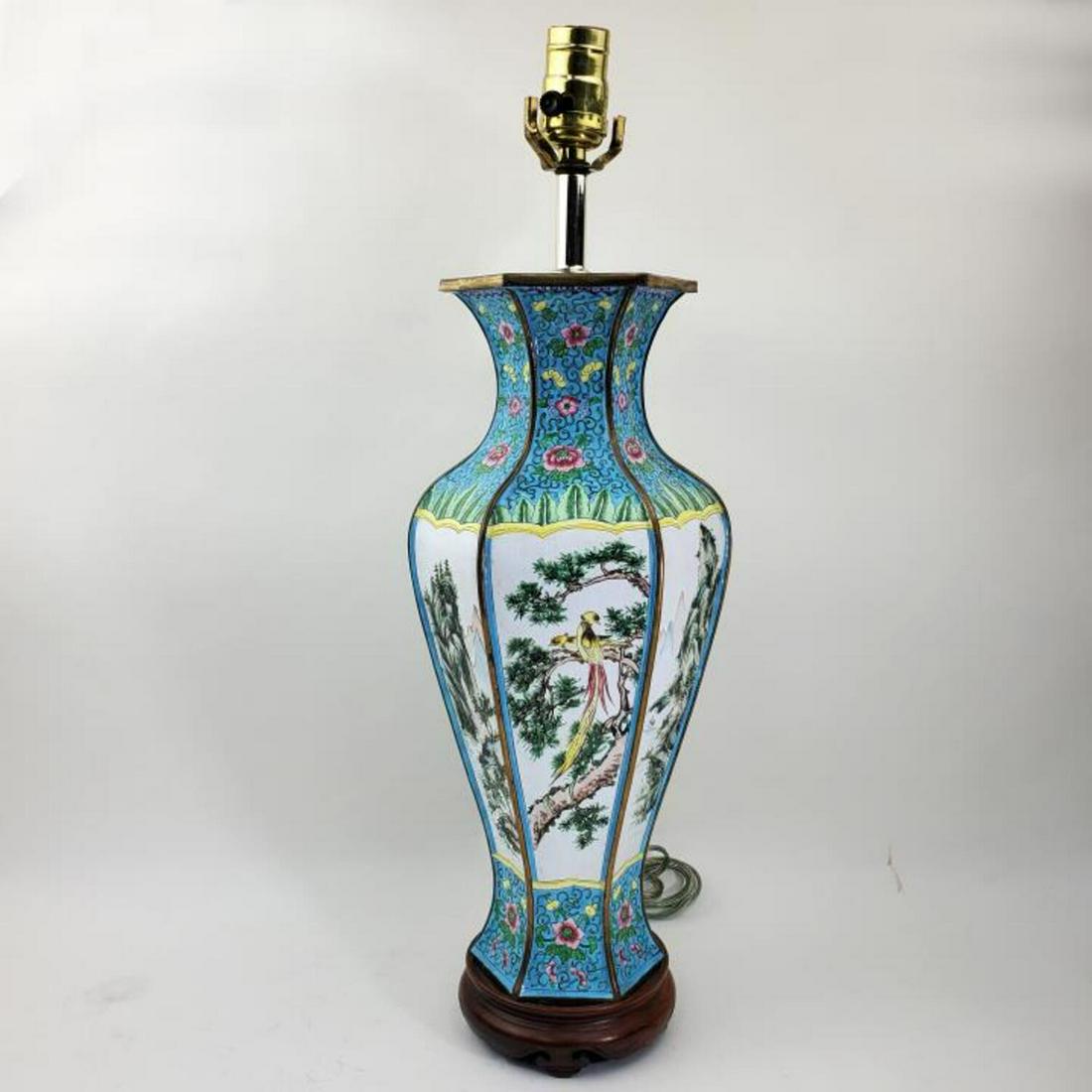 Vintage Chinese Enameled Metal Lamp: Vintage Chinese Enameled Metal Lamp on Original Wood Base. Condition: Excellent. Dimensions: Lamp and Base H- 16.25". Provenance: From a Long Island, NY Home. Please note the absence of a condition re